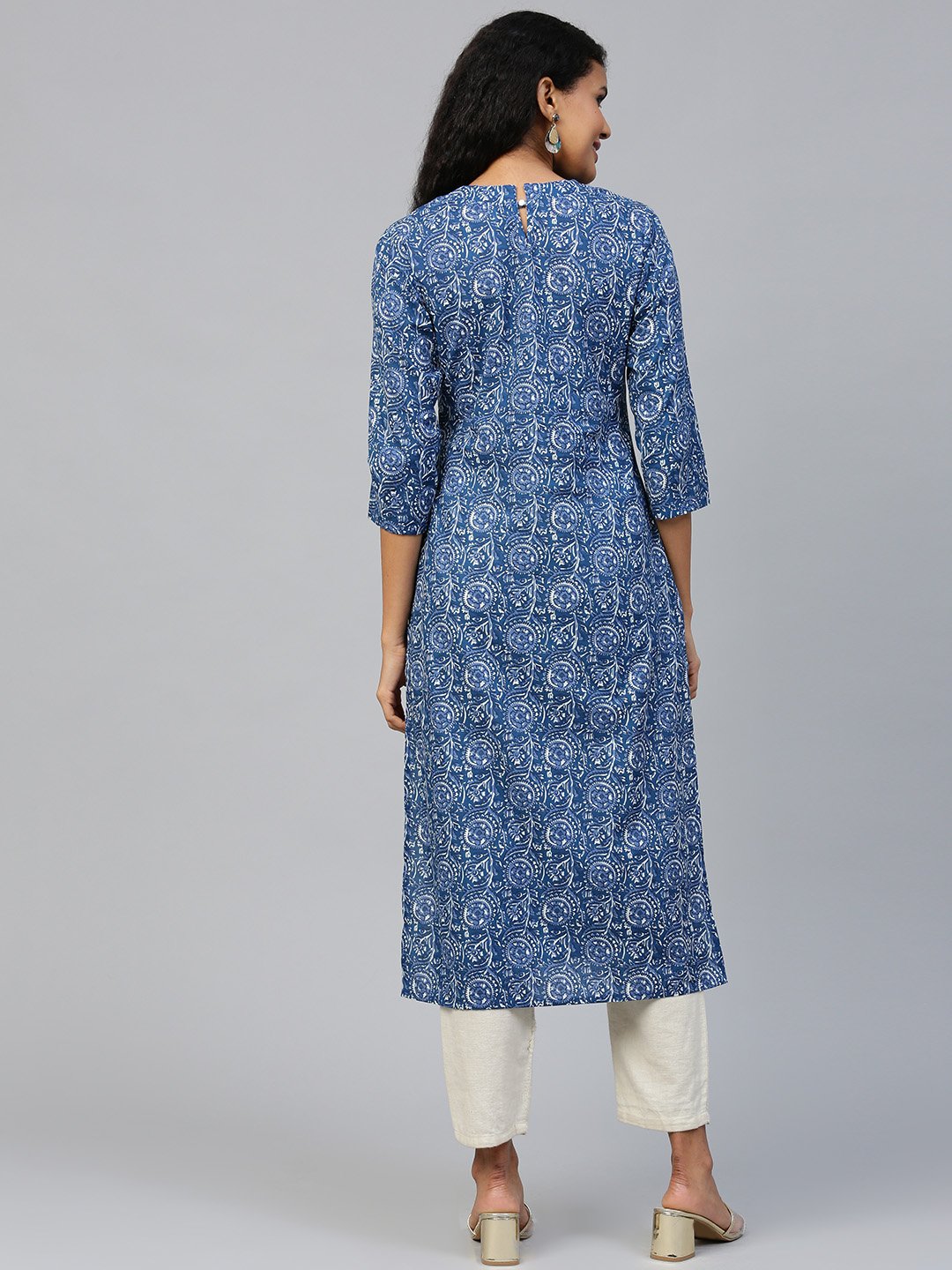 Women's Blue Floral Printed Mandarin Collar Cotton A-Line Dress - Nayo Clothing