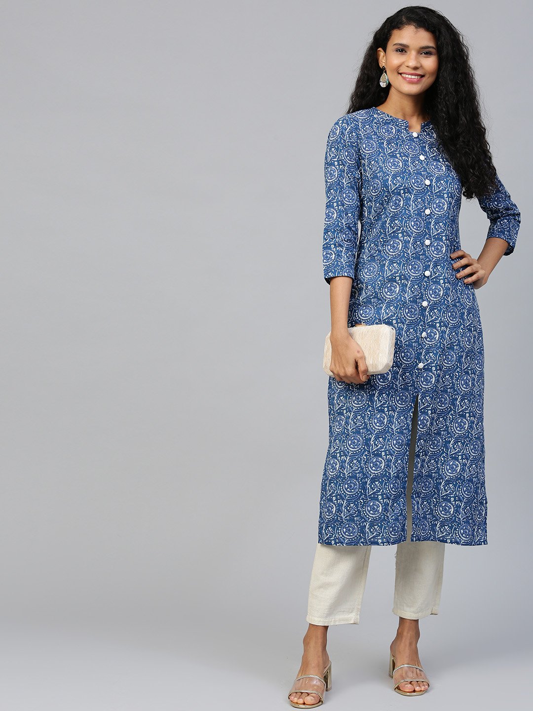 Women's Blue Floral Printed Mandarin Collar Cotton A-Line Dress - Nayo Clothing