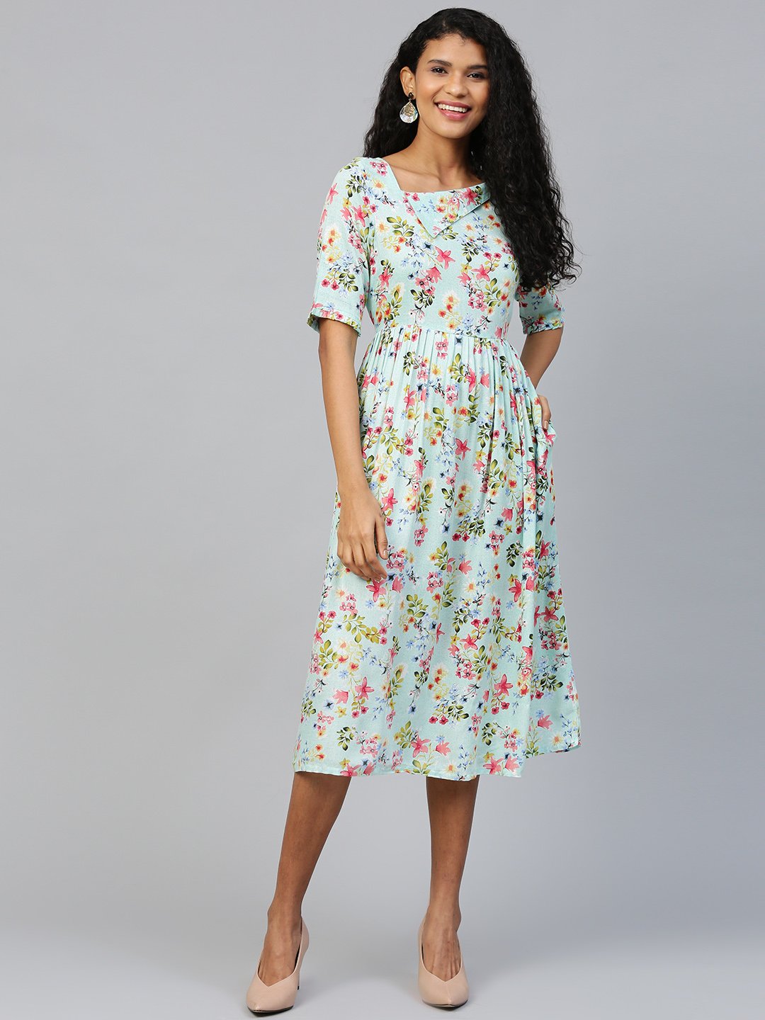 Women's Blue Floral Printed Square Neck Viscose Rayon Fit And Flare Dress - Nayo Clothing