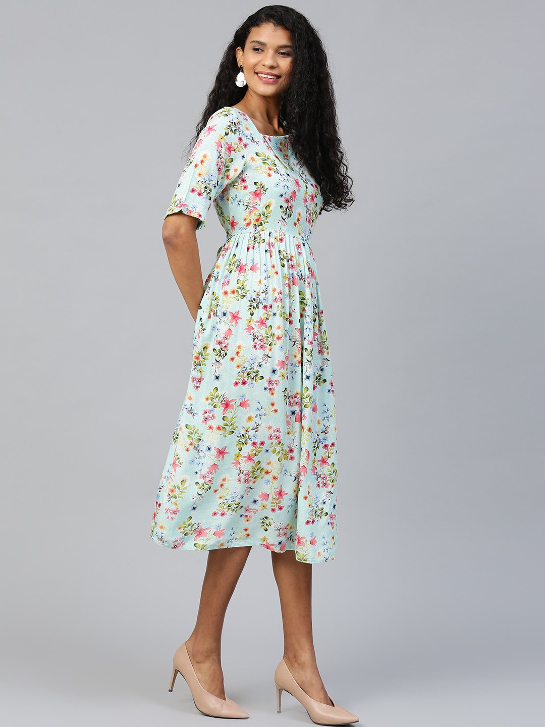 Women's Blue Floral Printed Square Neck Viscose Rayon Fit And Flare Dress - Nayo Clothing