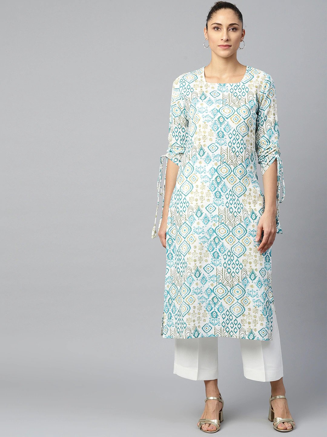 Women's White Calf Length Long Sleeves A-Line Quirky Printed Cotton Kurta - Nayo Clothing