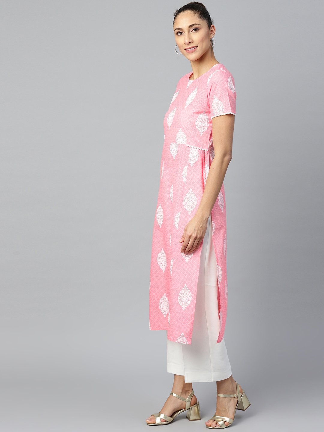 Women's Pink Calf Length Short Sleeves A-Line Ethnic Motifs Printed Cotton Kurta - Nayo Clothing