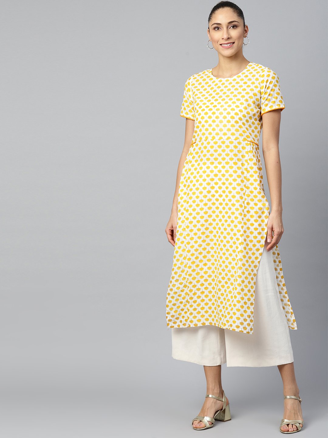 Women's Yellow Calf Length Short Sleeves A-Line Ethnic Motifs Printed Cotton Kurta - Nayo Clothing