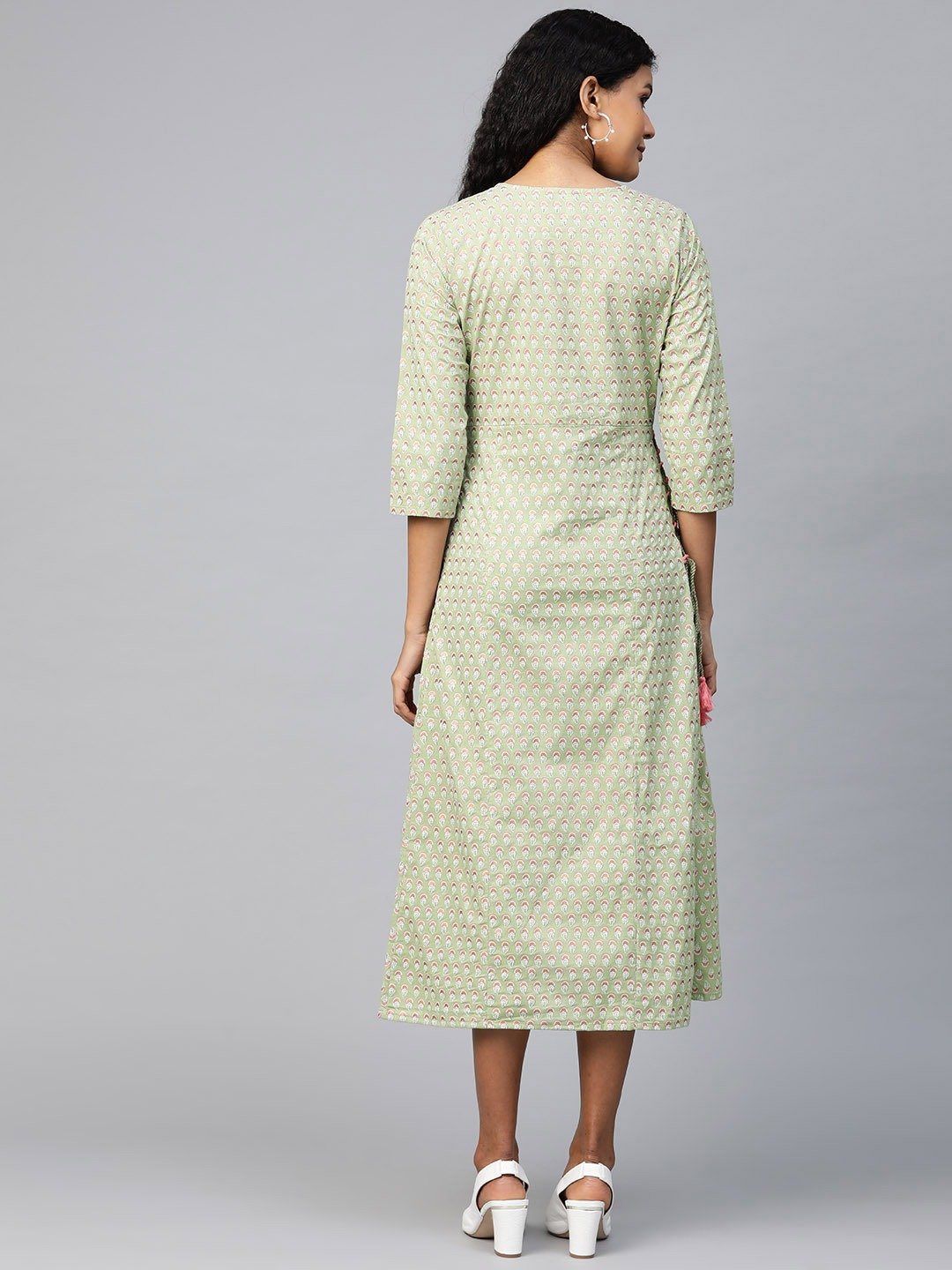 Women's Green Ethnic Motifs Printed A-Line Dress - Nayo Clothing