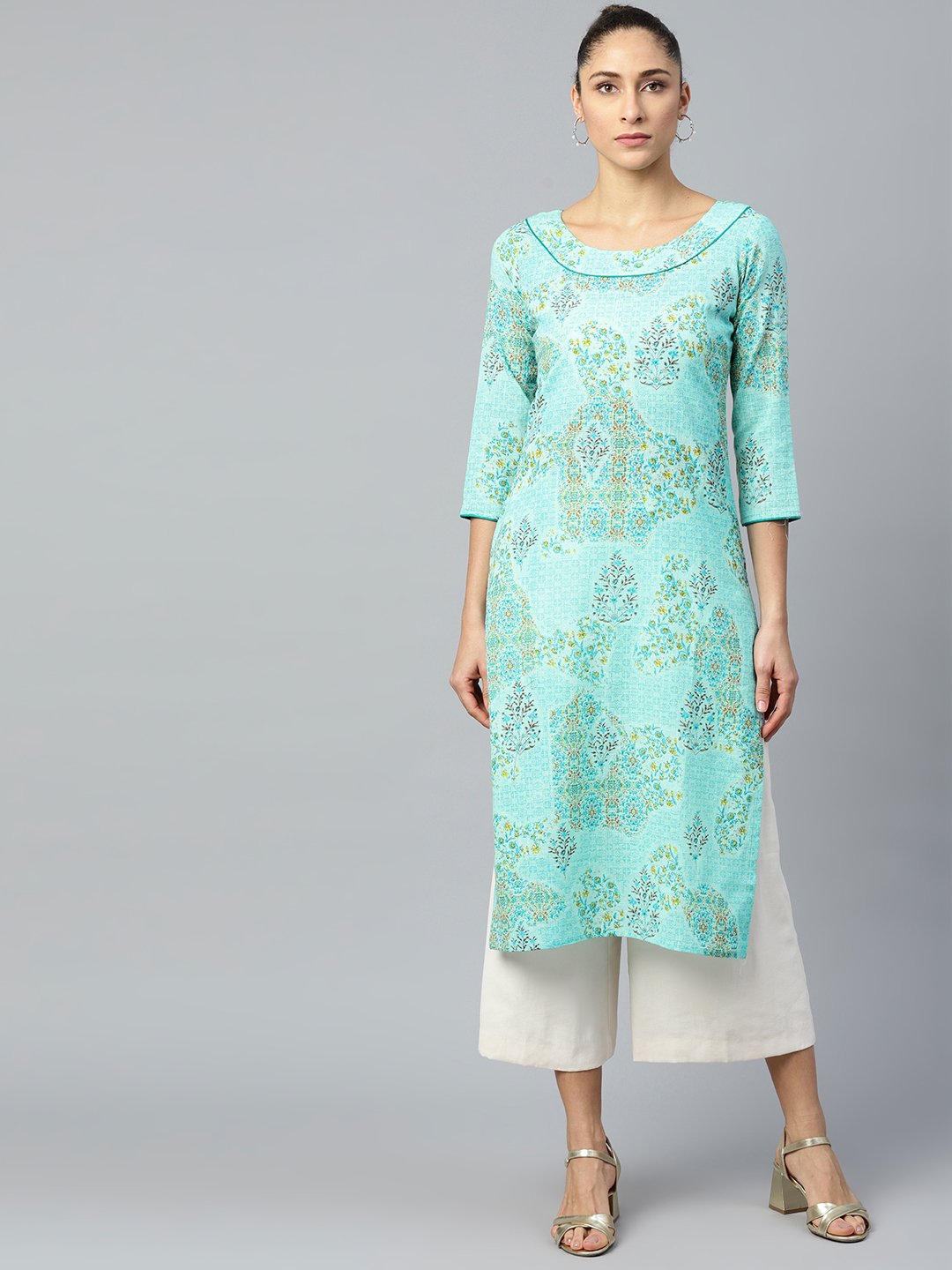 Women's Blue Calf Length Three-Quarter Sleeves Straight Floral Printed Cotton Kurta - Nayo Clothing