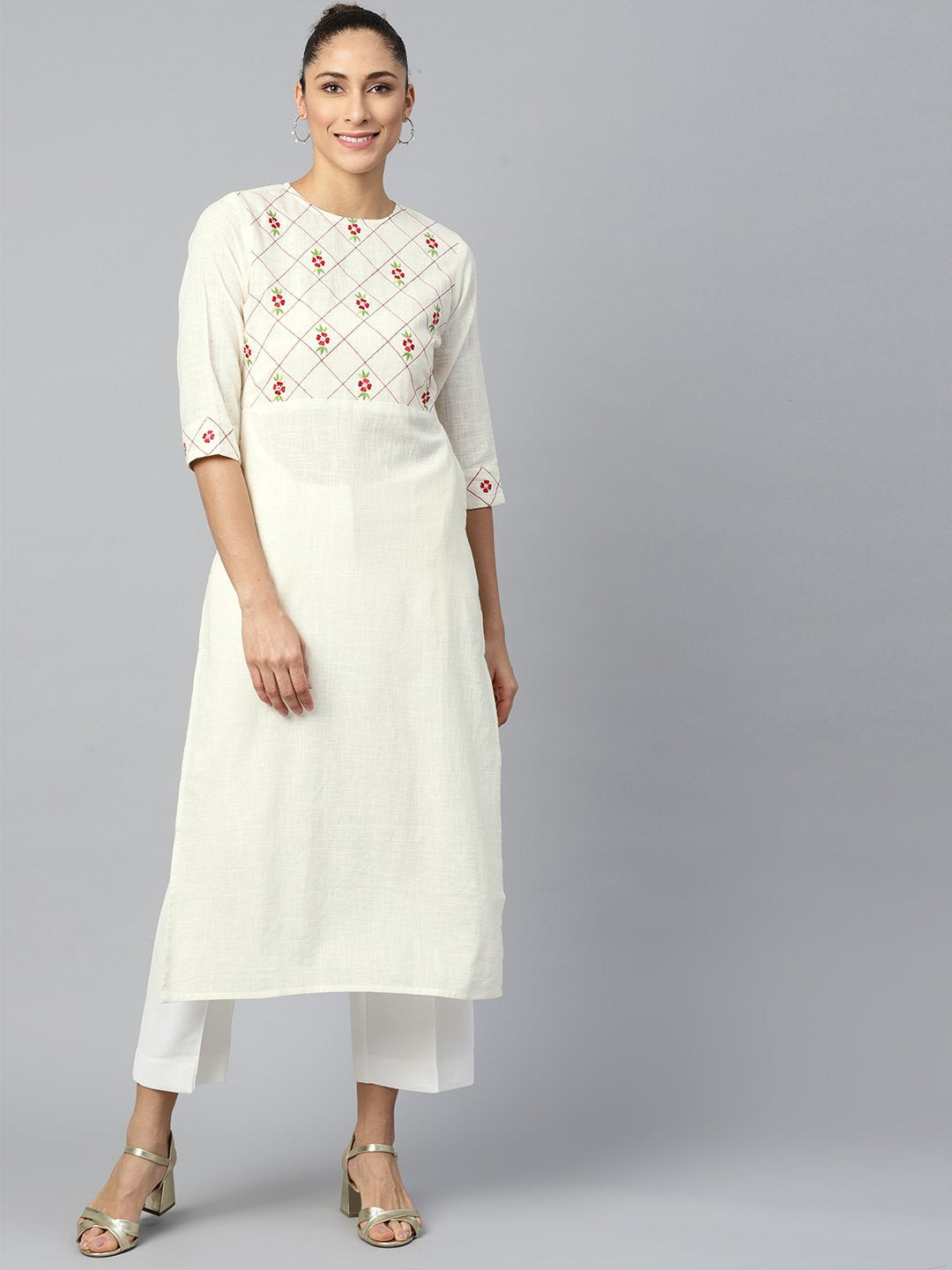 Women's Offwhite Calf Length Three-Quarter Sleeves Straight Woven Design Embroidered Cotton Kurta - Nayo Clothing
