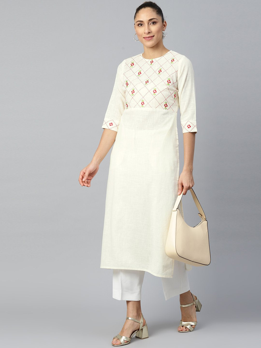 Women's Offwhite Calf Length Three-Quarter Sleeves Straight Woven Design Embroidered Cotton Kurta - Nayo Clothing