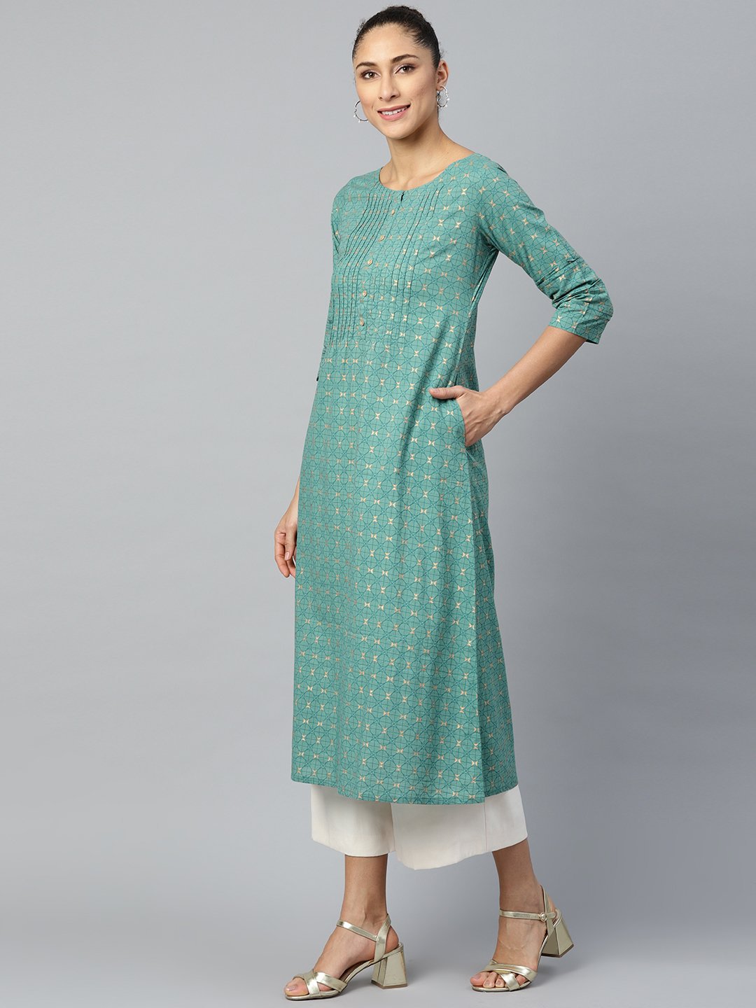 Women's Green Calf Length Three-Quarter Sleeves A-Line Geometric Yoke Design Cotton Kurta - Nayo Clothing