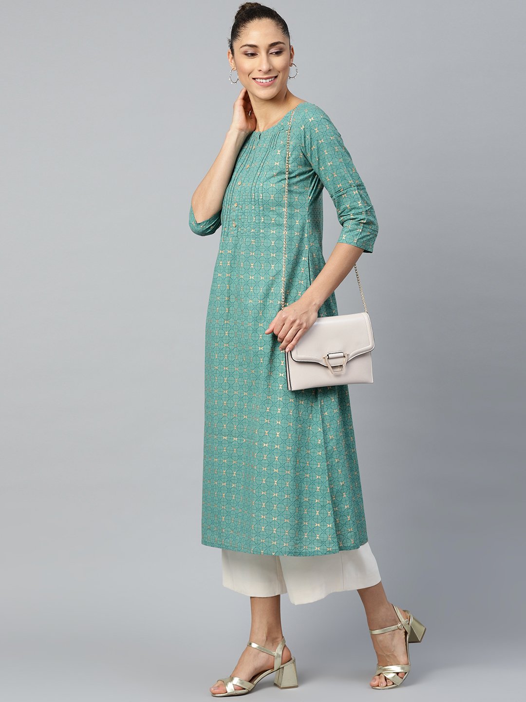 Women's Green Calf Length Three-Quarter Sleeves A-Line Geometric Yoke Design Cotton Kurta - Nayo Clothing