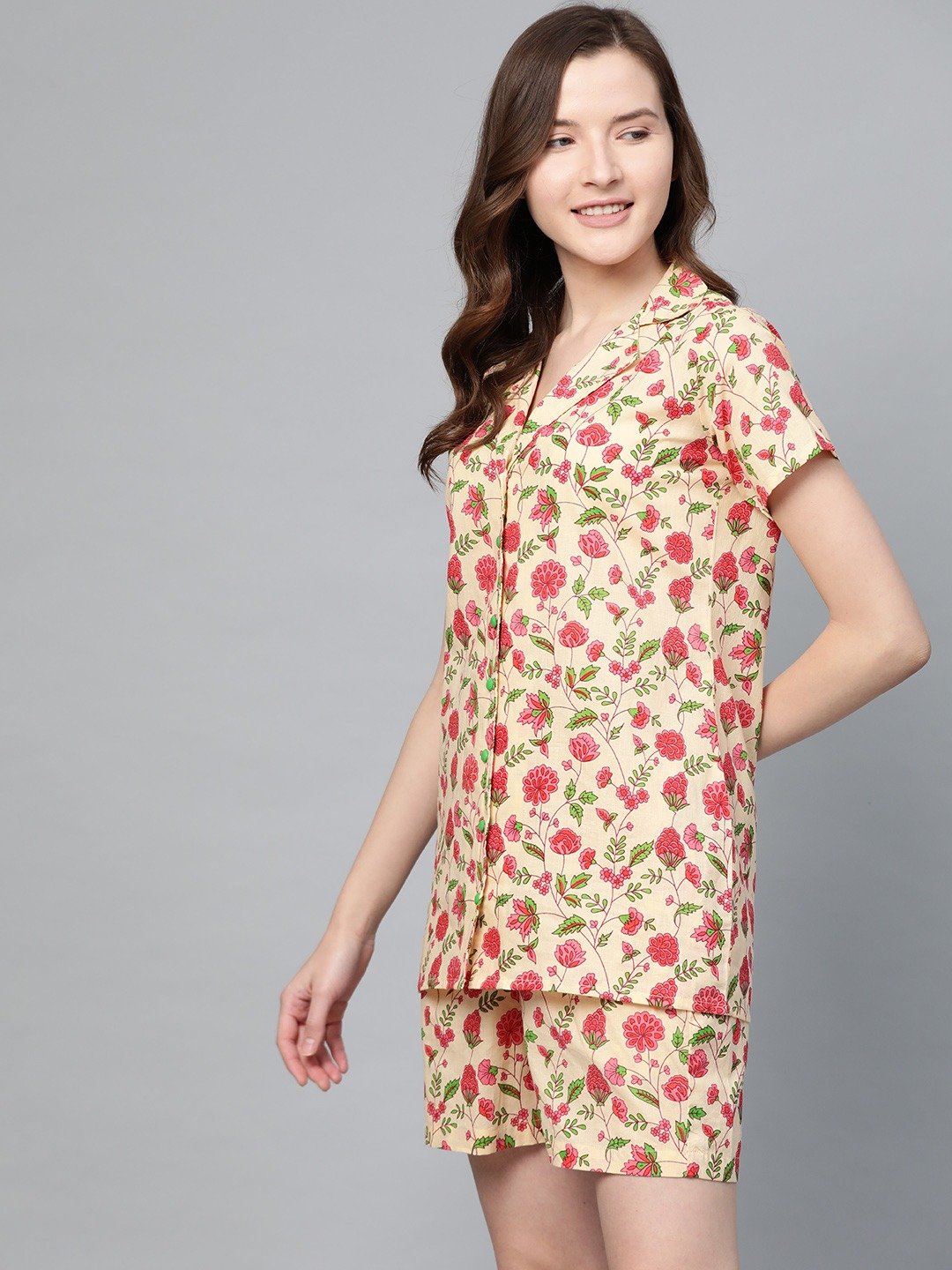 Women's Beige Floral Printed Night Suit - Nayo Clothing