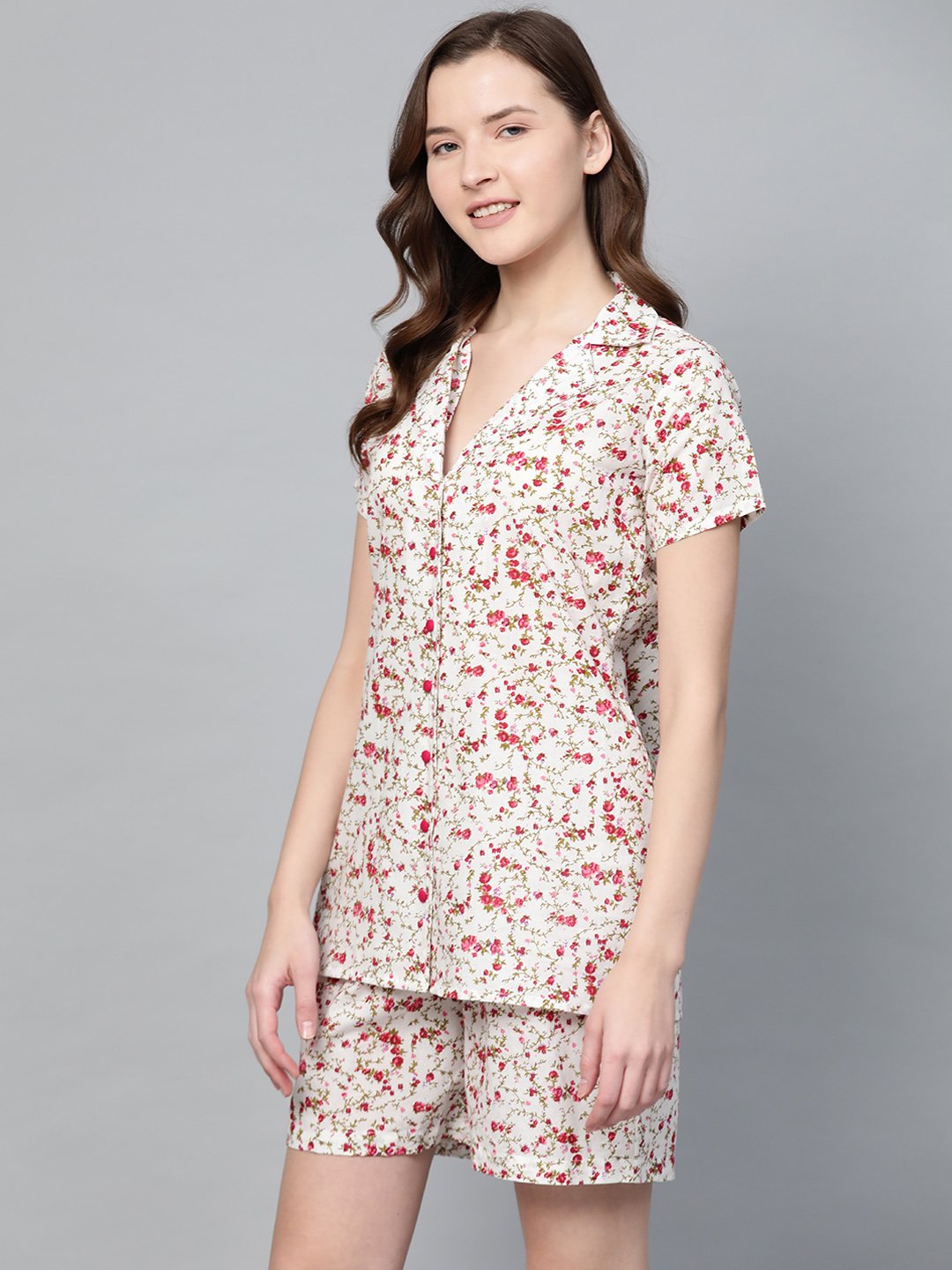 Women's White Floral Printed Night Suit - Nayo Clothing