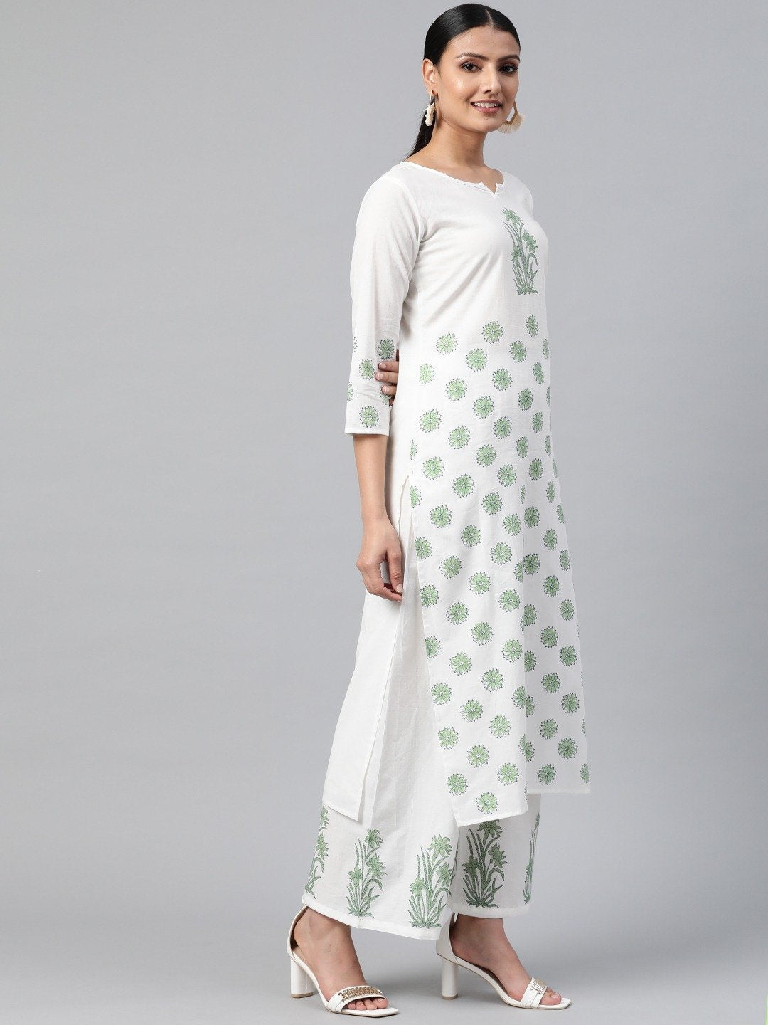 Women's White Three-Quarter Sleeves Straight Kurta With Palazzo - Nayo Clothing