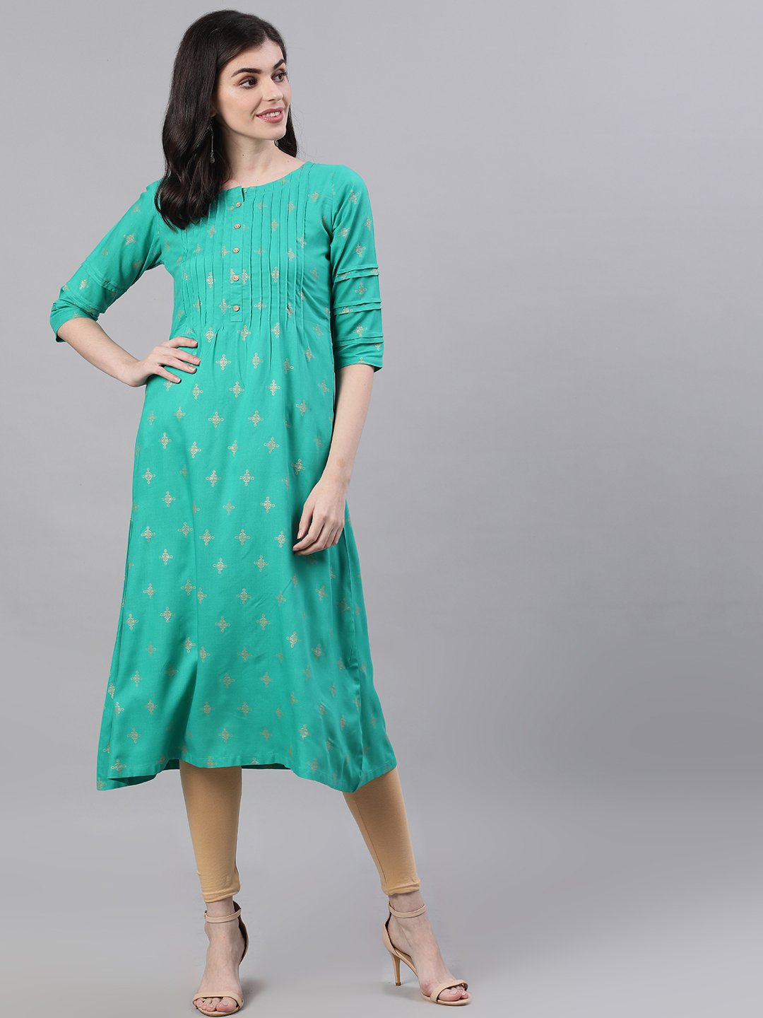 Women's Green Calf Length Three-Quarter Sleeves A-Line Ethnic Motifs Printed Viscose Rayon Kurta - Nayo Clothing