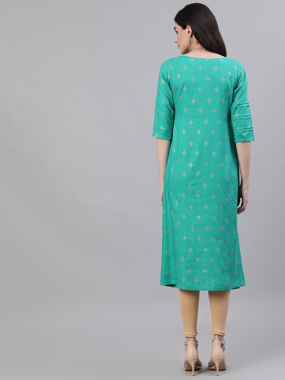 Women's Green Calf Length Three-Quarter Sleeves A-Line Ethnic Motifs Printed Viscose Rayon Kurta - Nayo Clothing