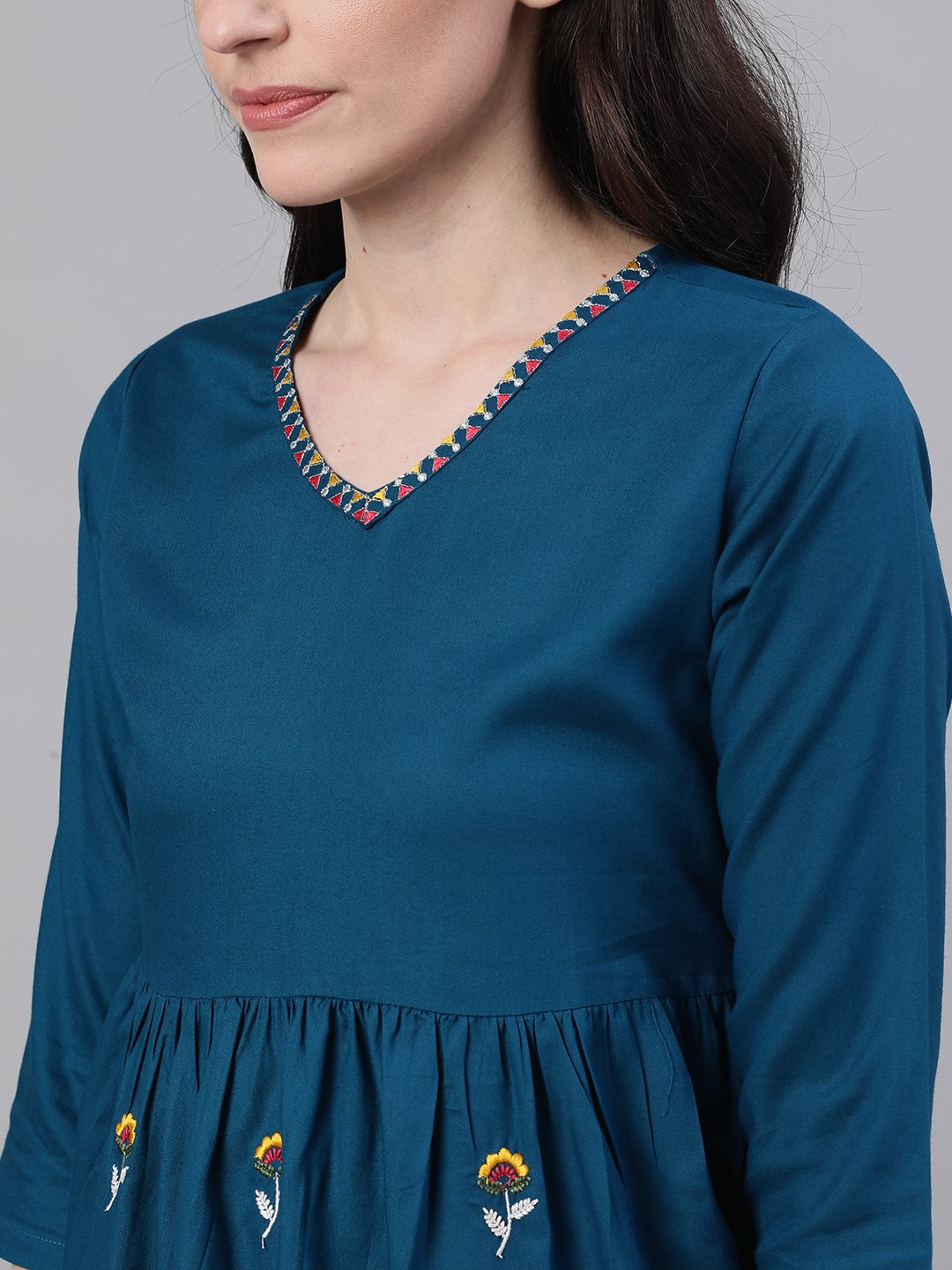Women's Teal Blue Three-Quarter Sleeves Gathered Or Pleated Top - Nayo Clothing