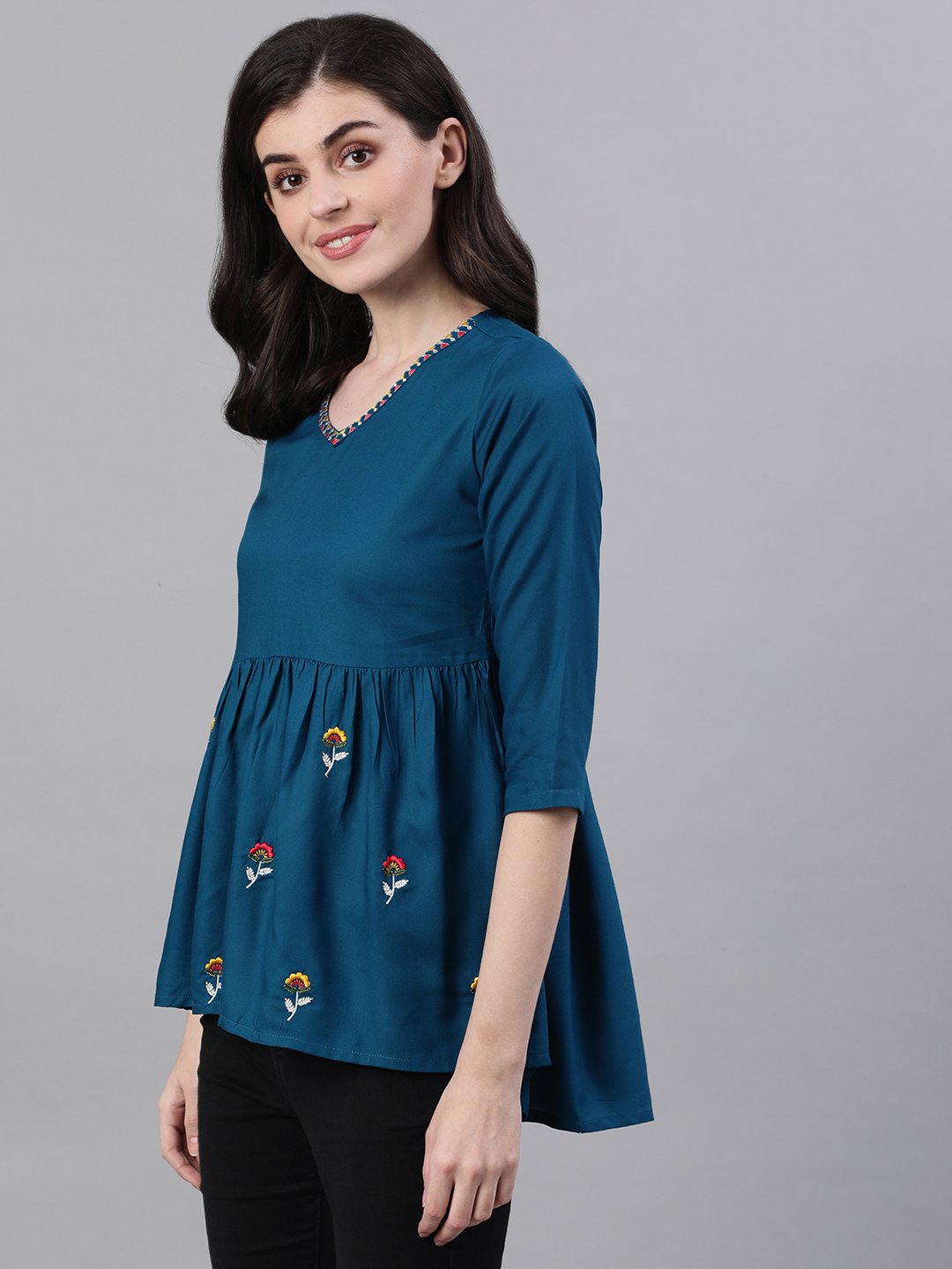 Women's Teal Blue Three-Quarter Sleeves Gathered Or Pleated Top - Nayo Clothing