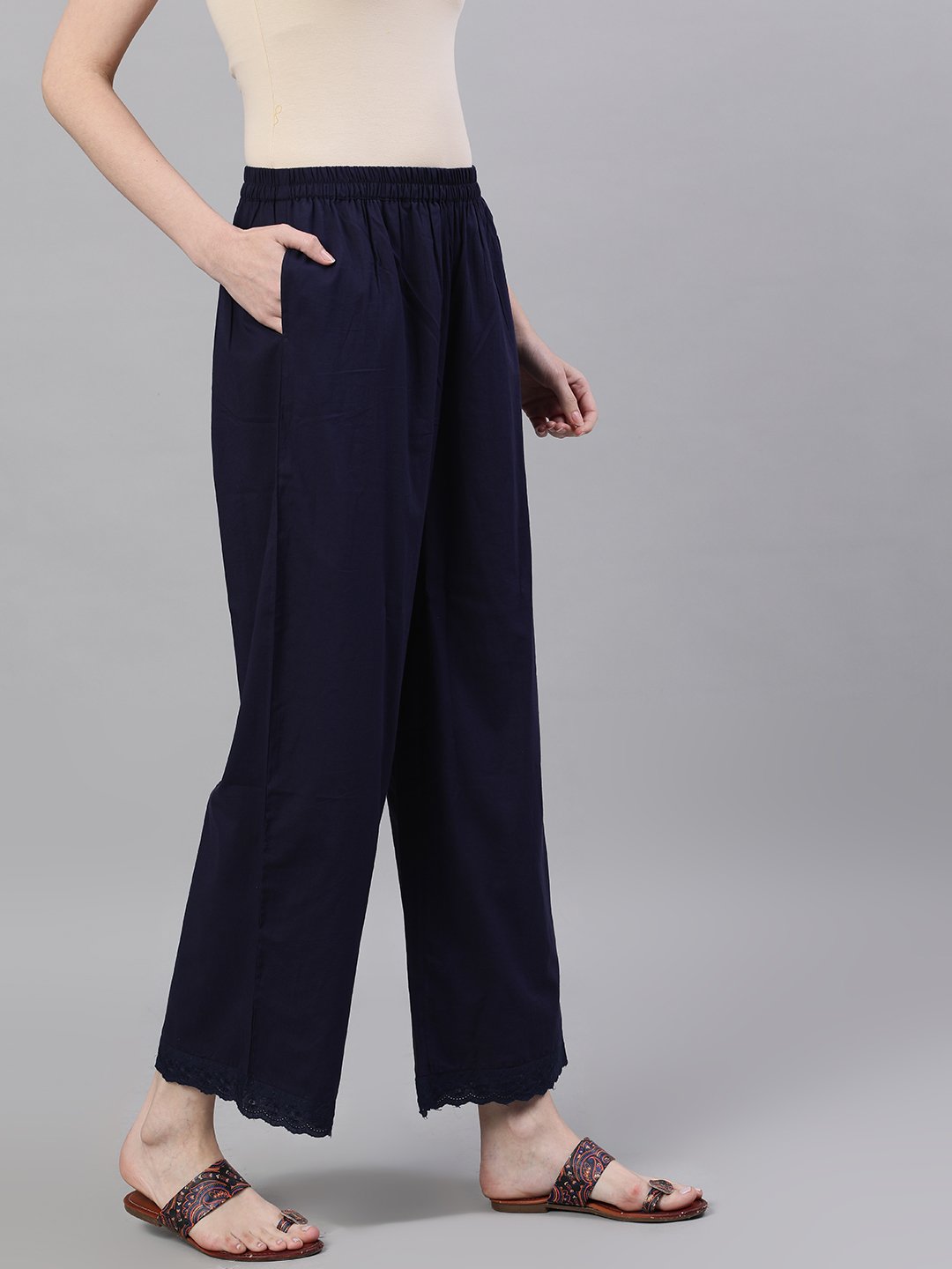 Women's Navy Blue Trouser With Lace Detailing - Nayo Clothing