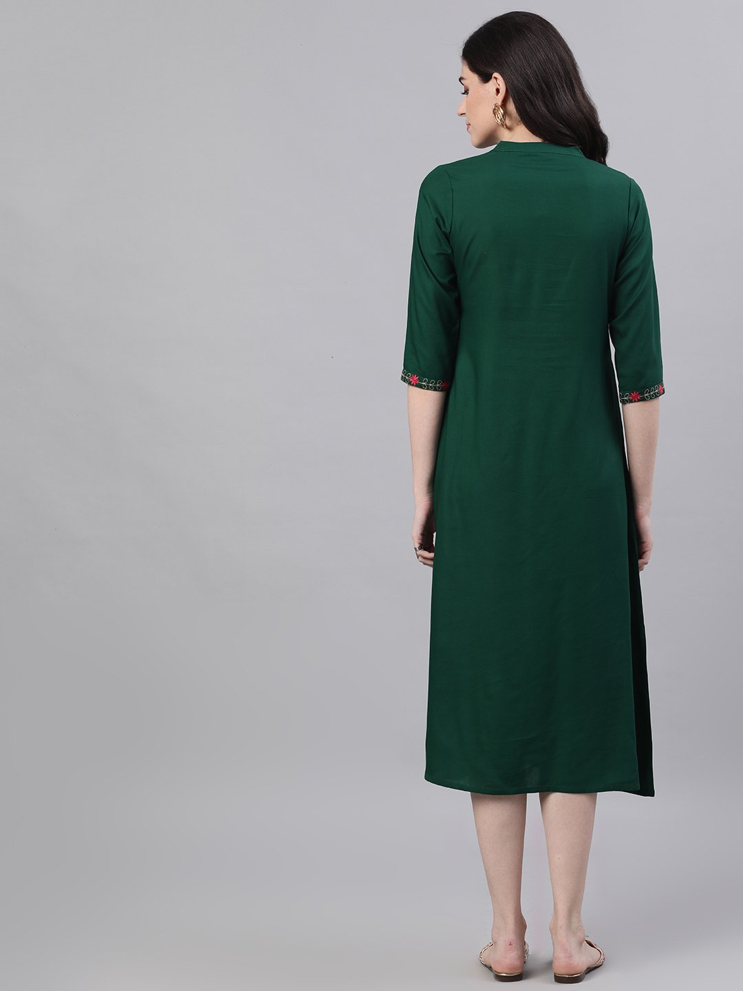 Women's Green Solid Solid Mandarin Collar Viscose Rayon A-Line Dress - Nayo Clothing