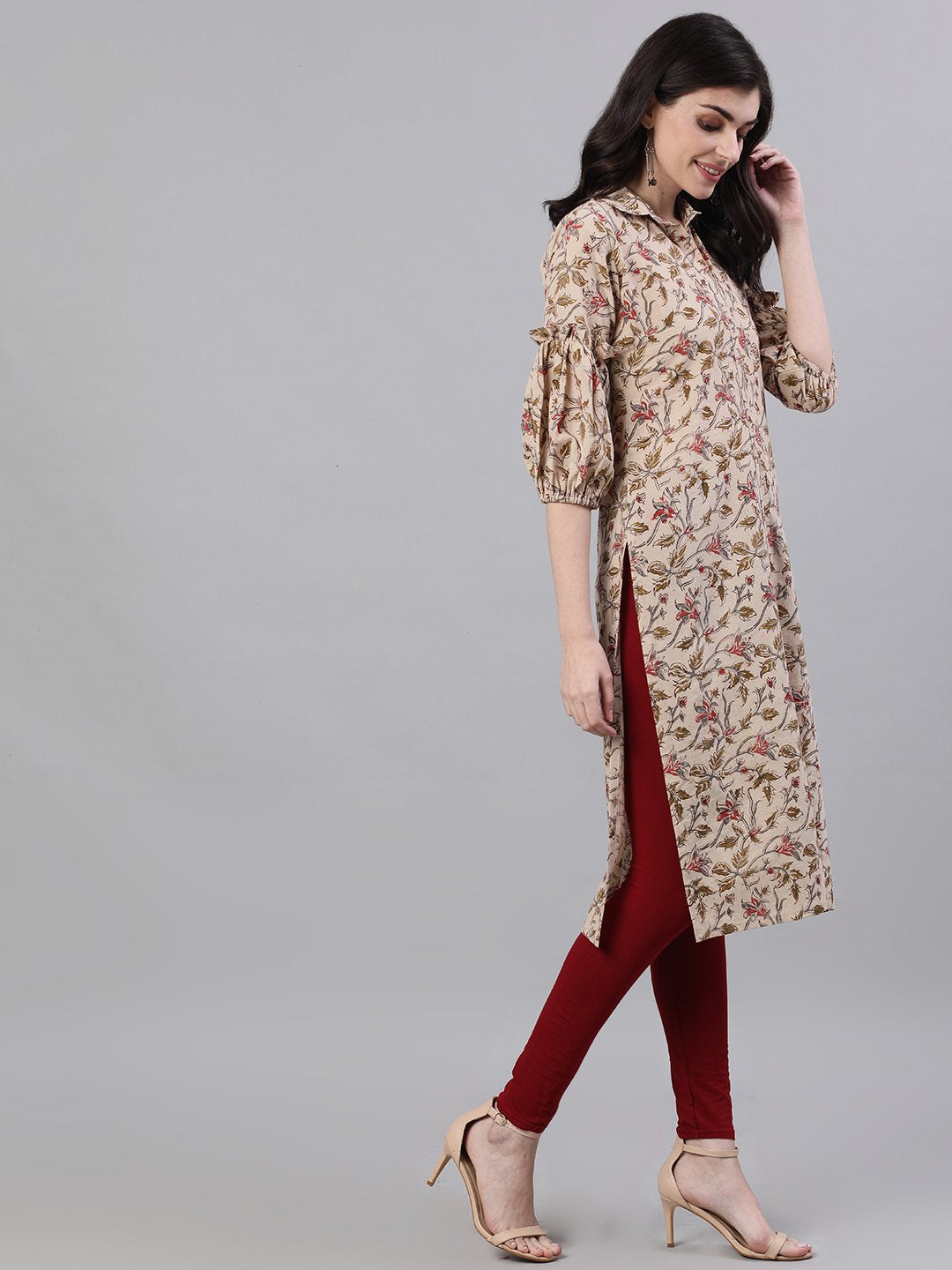 Women's Beige Calf Length Three-Quarter Sleeves Straight Floral Printed Cotton Kurta - Nayo Clothing