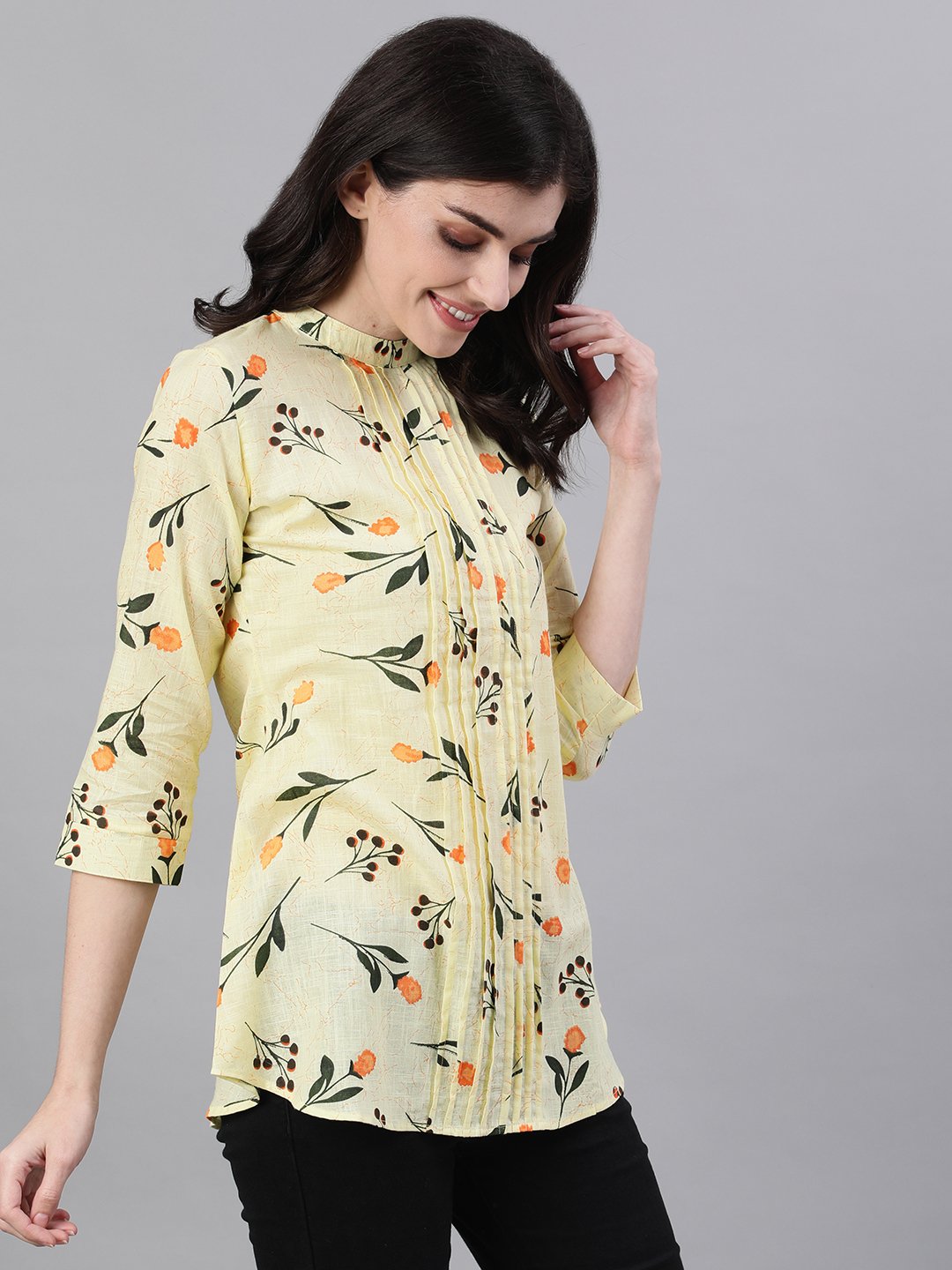 Women's Yellow Floral Print Pin-Tuck Tunic - Nayo Clothing