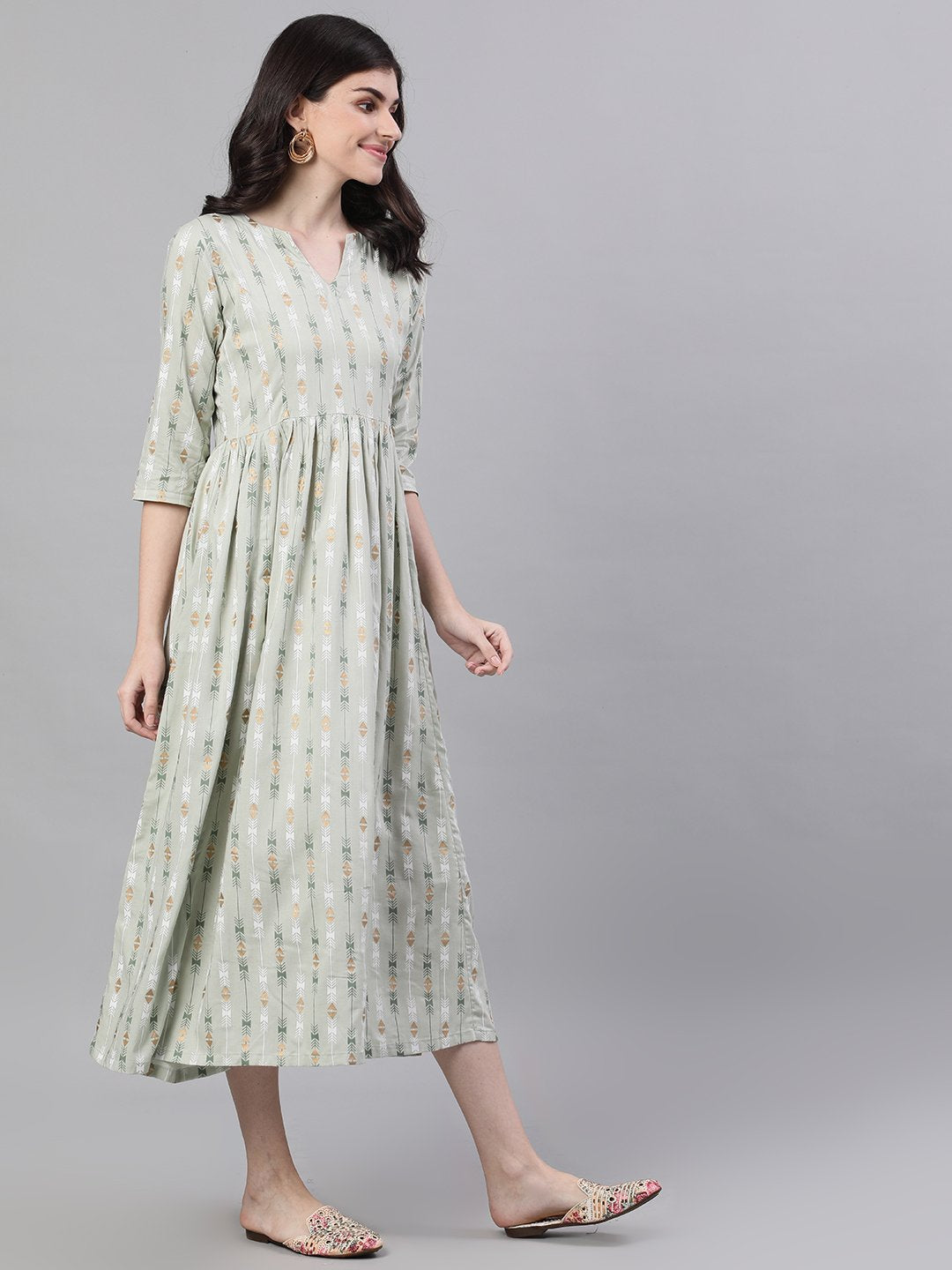 Women's Sage Green Geometric Printed V-Neck Viscose Rayon Fit And Flare Dress - Nayo Clothing
