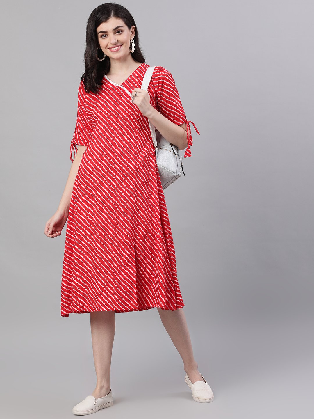 Women's Red Striped Striped V-Neck Viscose Rayon A-Line Dress - Nayo Clothing