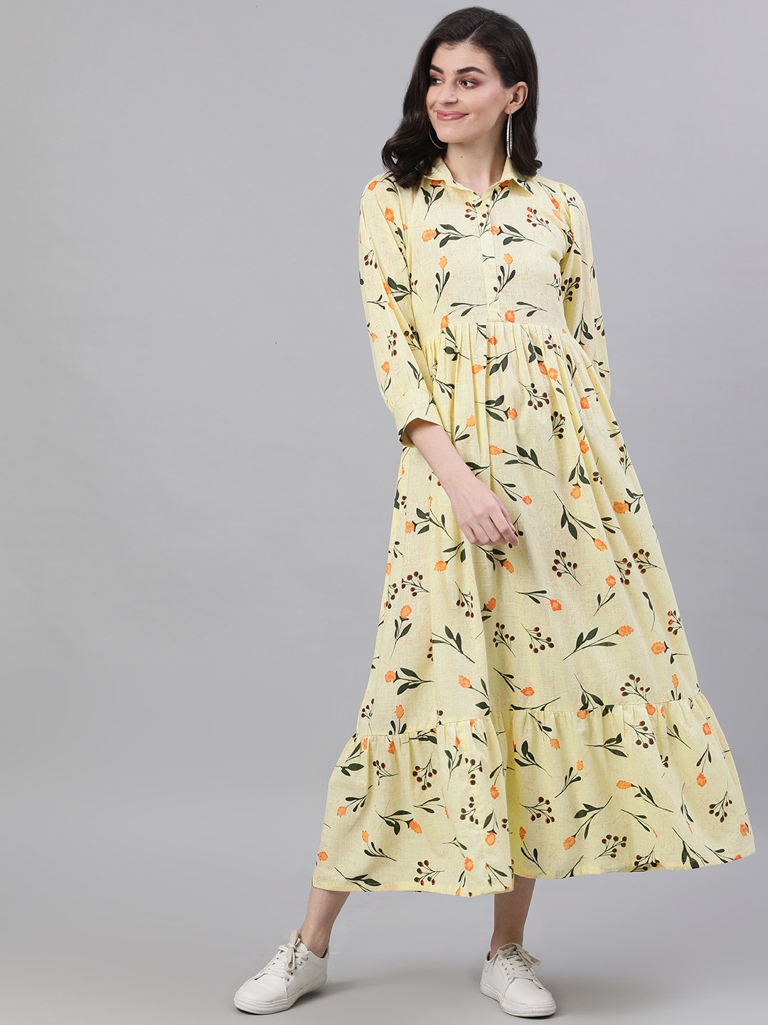Women's Yellow Floral Printed Shirt Collar Cotton A-Line Dress - Nayo Clothing
