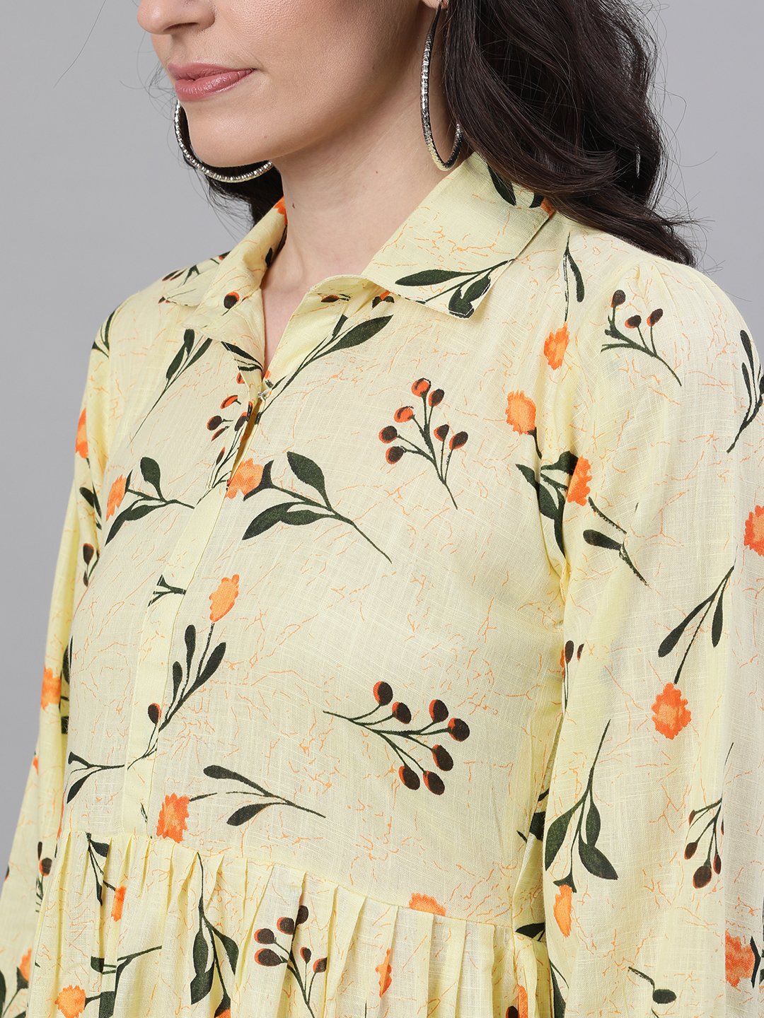 Women's Yellow Floral Printed Shirt Collar Cotton A-Line Dress - Nayo Clothing