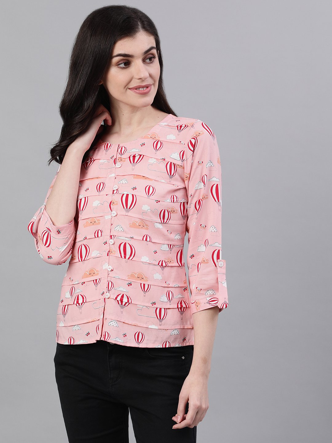 Women's Peach Three-Quarter Sleeves Gathered Or Pleated Top - Nayo Clothing
