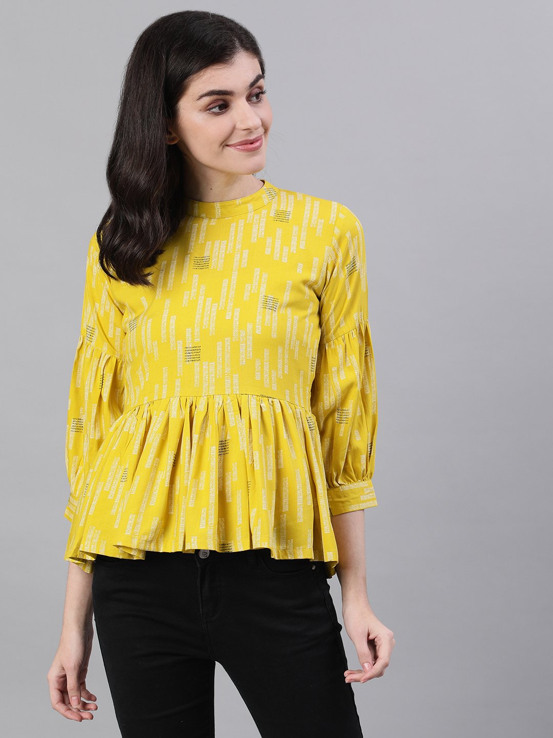 Women's Yellow Three-Quarter Sleeves Gathered Or Pleated Top - Nayo Clothing