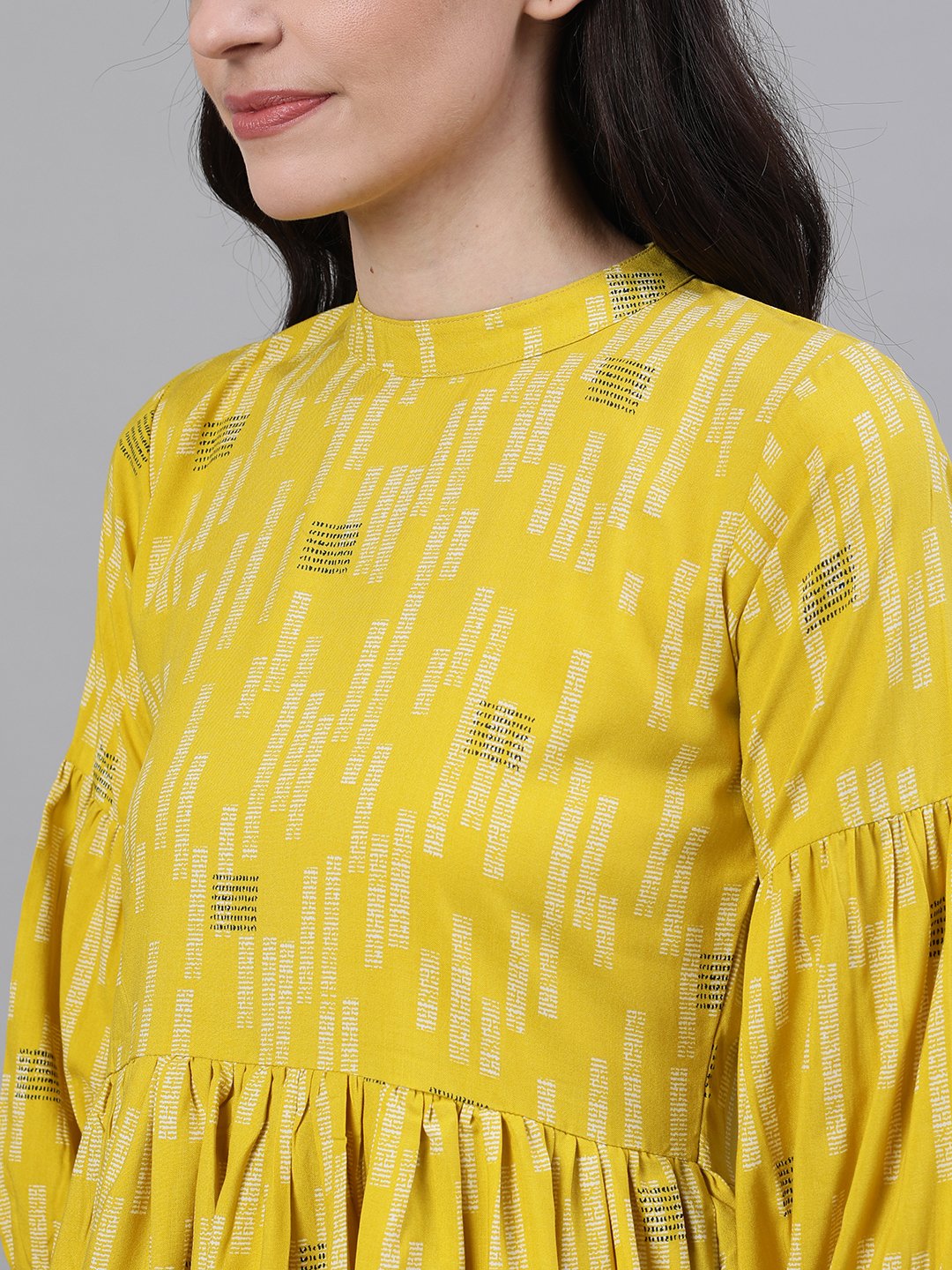 Women's Yellow Three-Quarter Sleeves Gathered Or Pleated Top - Nayo Clothing