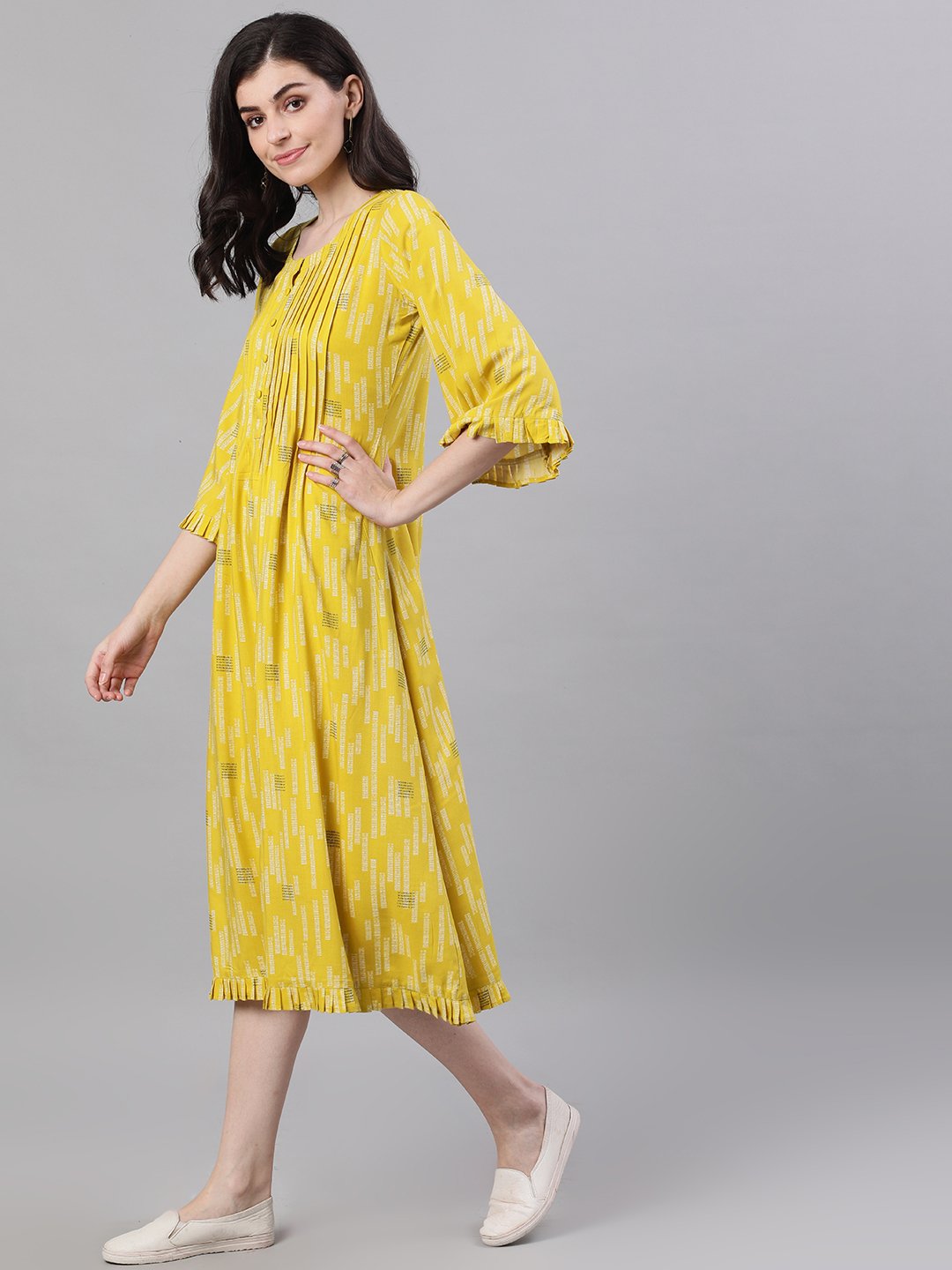 Women's Yellow Conversational Printed Round Neck Viscose Rayon A-Line Dress - Nayo Clothing