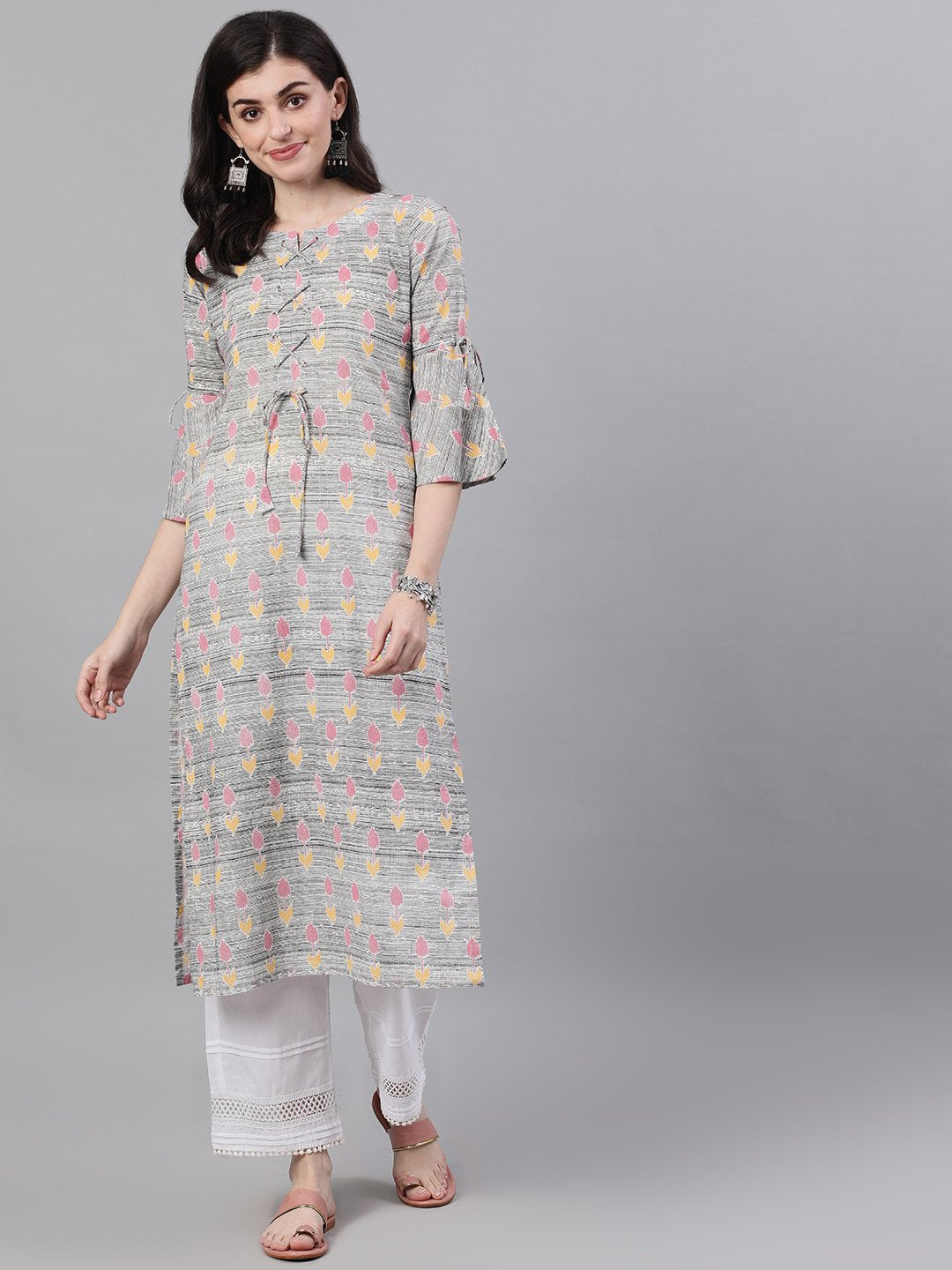 Women's Grey Ethnic Motifs Printed V-Neck Cotton A-Line Dress - Nayo Clothing