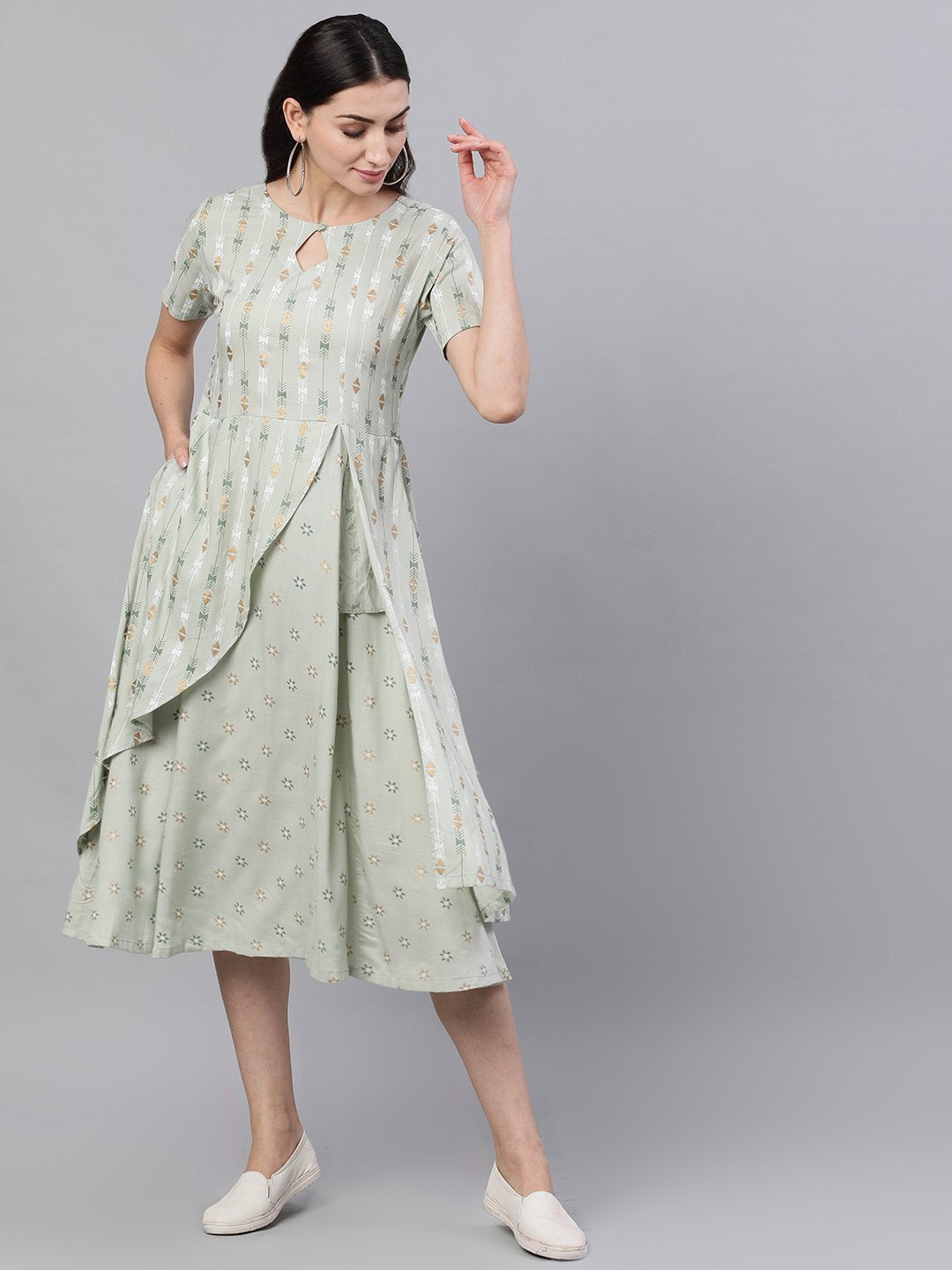 Women's Sage Green Geometric Printed Keyhole Neck Viscose Rayon Fit And Flare Dress - Nayo Clothing