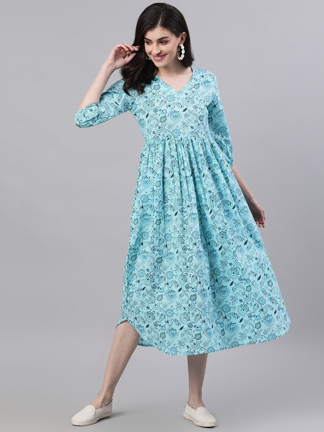 Women's Blue Floral Printed V-Neck Cotton Fit And Flare Dress - Nayo Clothing