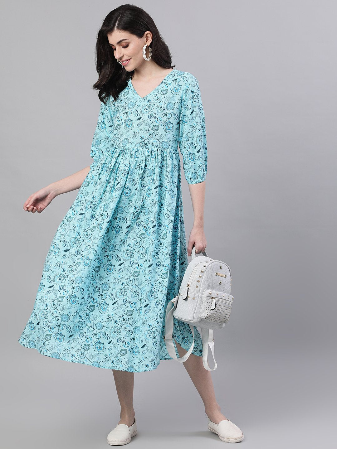 Women's Blue Floral Printed V-Neck Cotton Fit And Flare Dress - Nayo Clothing
