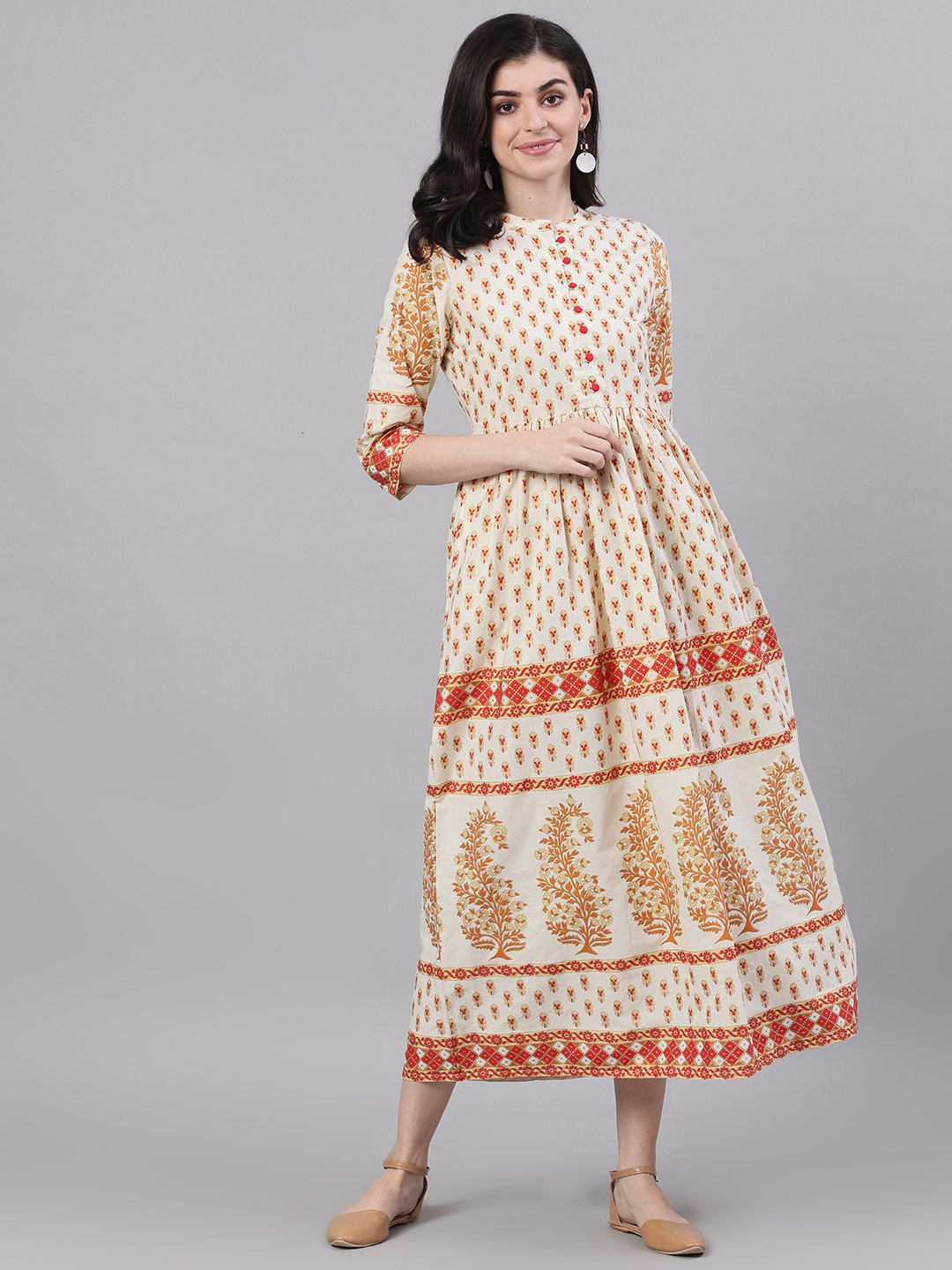 Women's White Ethnic Motifs Printed Mandarin Collar Cotton Maxi Dress - Nayo Clothing
