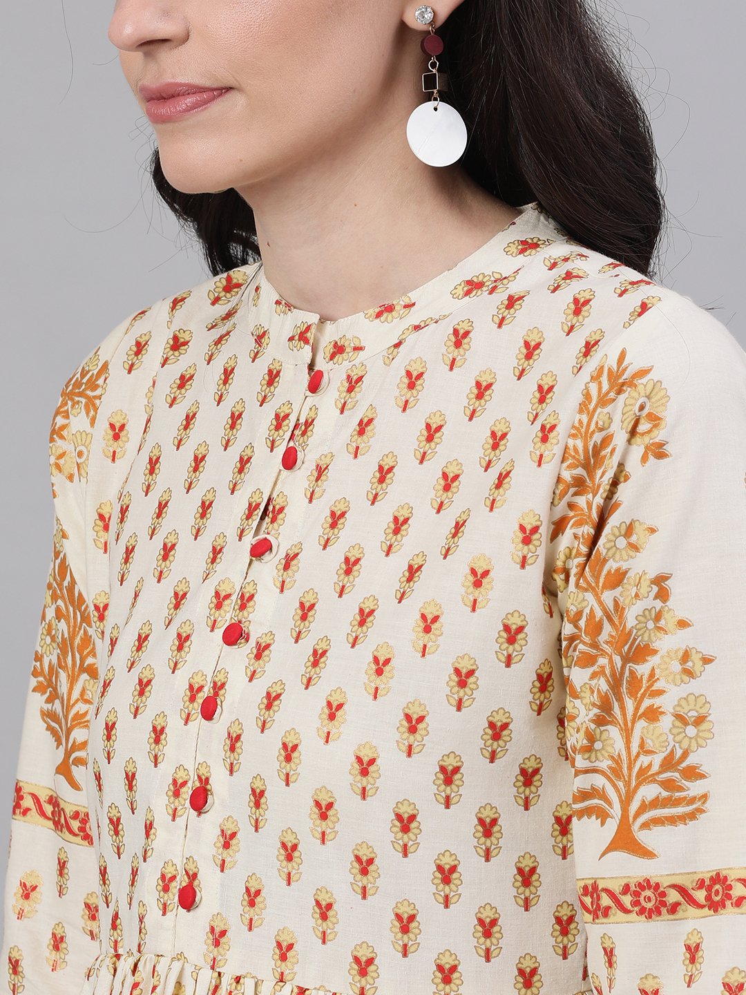Women's White Ethnic Motifs Printed Mandarin Collar Cotton Maxi Dress - Nayo Clothing
