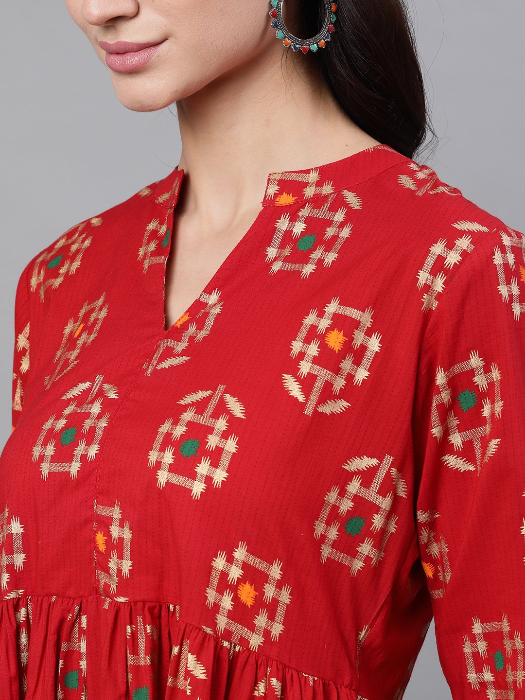 Women's Red Ethnic Motifs Printed Mandarin Collar Viscose Rayon Maxi Dress - Nayo Clothing