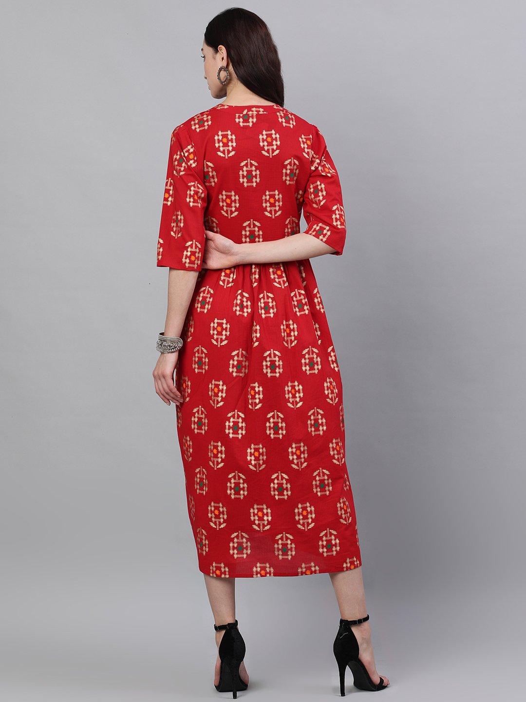 Women's Red Ethnic Motifs Printed Mandarin Collar Viscose Rayon Maxi Dress - Nayo Clothing