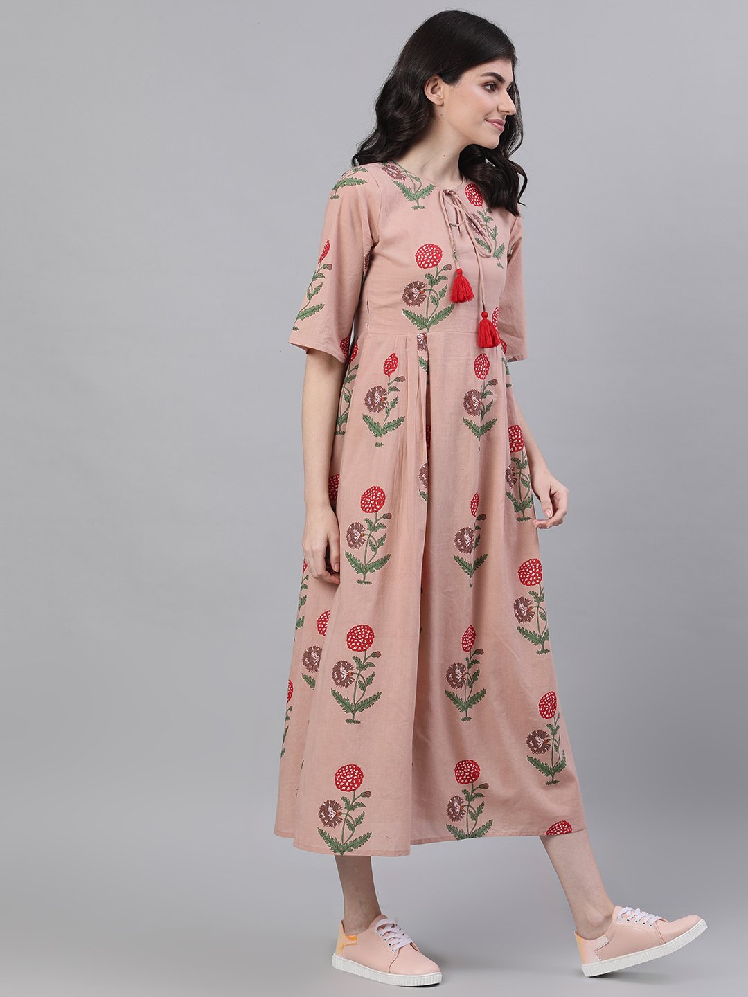 Women's Dusty Pink Floral Printed Tie-Up Neck Cotton Maxi Dress - Nayo Clothing
