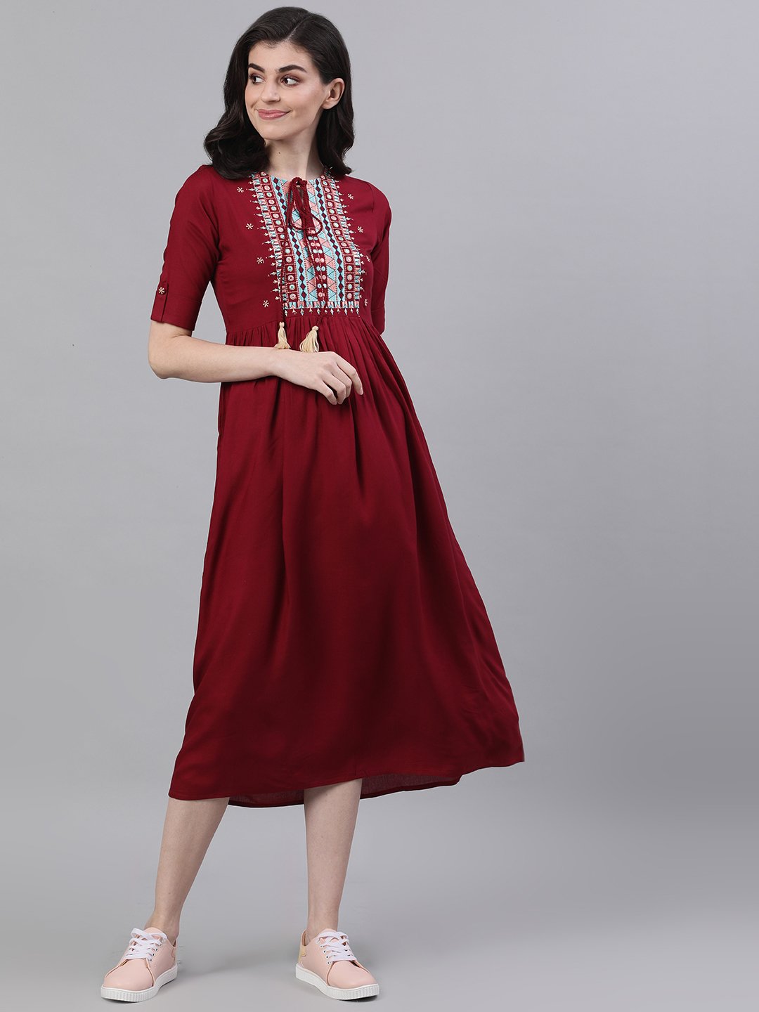 Women's Maroon Solid Embroidered Tie-Up Neck Viscose Rayon A-Line Dress - Nayo Clothing