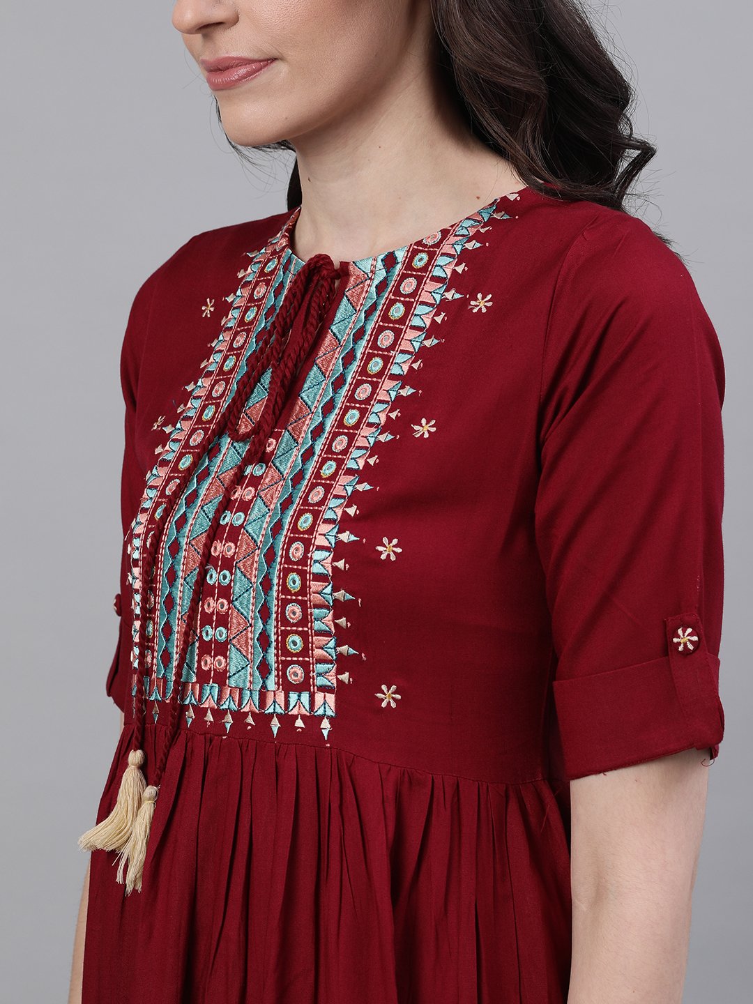 Women's Maroon Solid Embroidered Tie-Up Neck Viscose Rayon A-Line Dress - Nayo Clothing