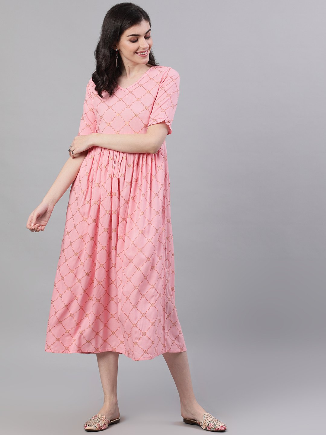 Women's Pink Checked Checked V-Neck Viscose Rayon Maxi Dress - Nayo Clothing
