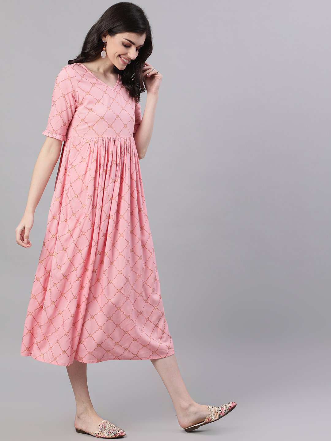 Women's Pink Checked Checked V-Neck Viscose Rayon Maxi Dress - Nayo Clothing