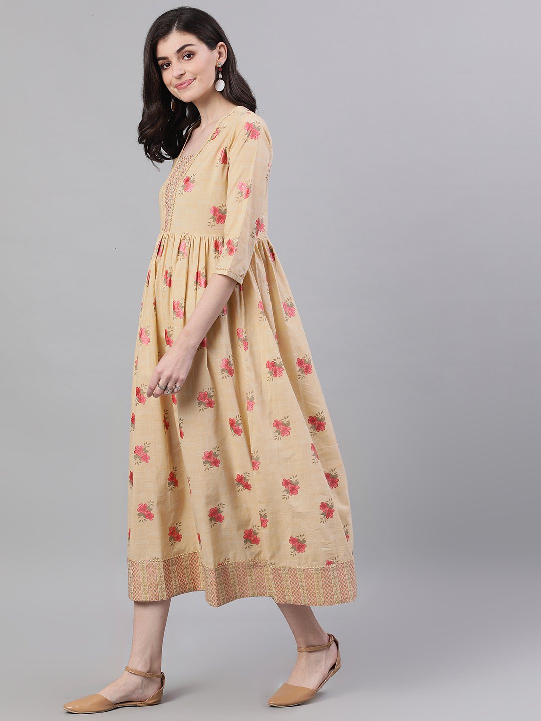Women's Yellow Floral Printed Square Neck Cotton Maxi Dress - Nayo Clothing