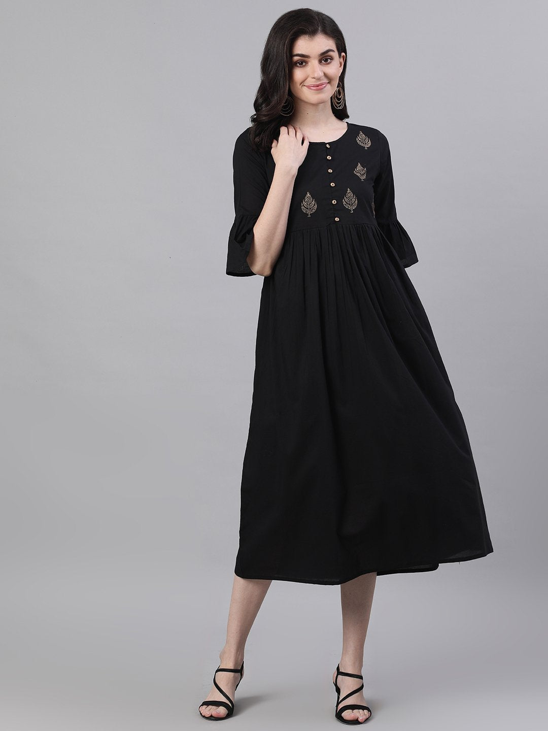 Women's Black Solid Solid Round Neck Cotton Maxi Dress - Nayo Clothing
