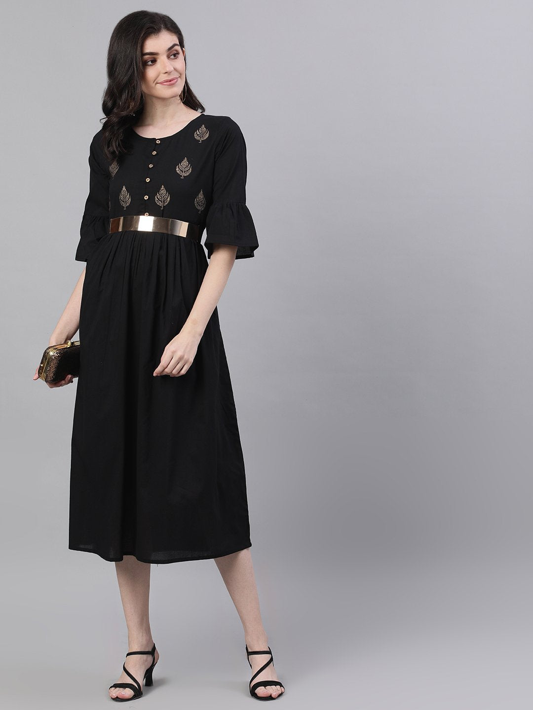 Women's Black Solid Solid Round Neck Cotton Maxi Dress - Nayo Clothing