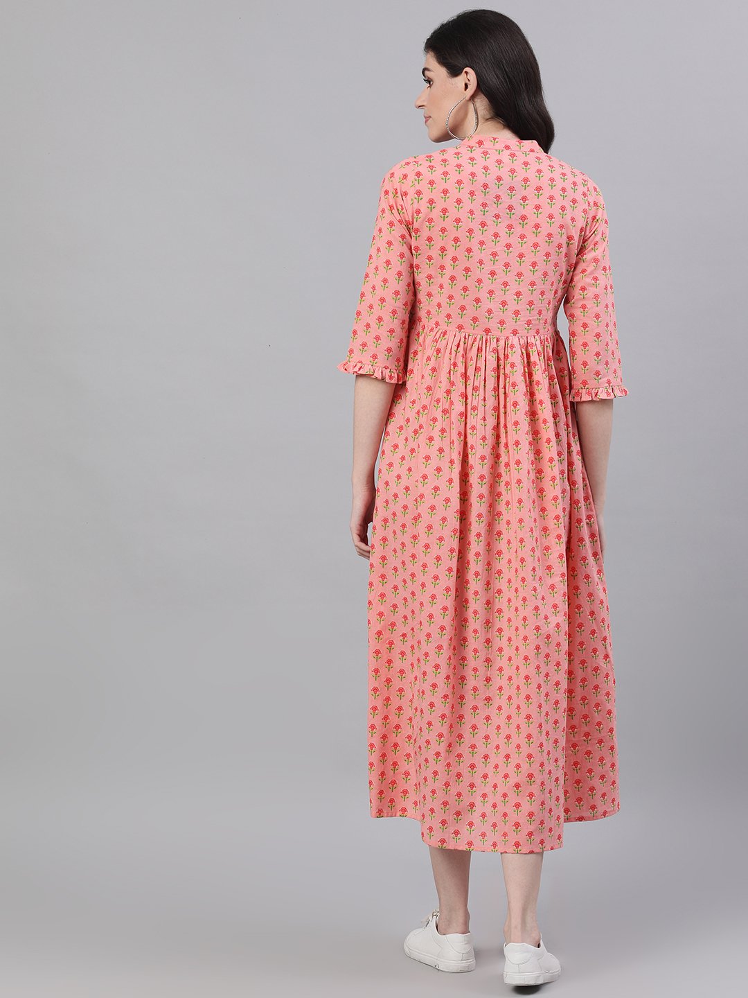 Women's Pink Floral Printed Mandarin Collar Cotton Maxi Dress - Nayo Clothing