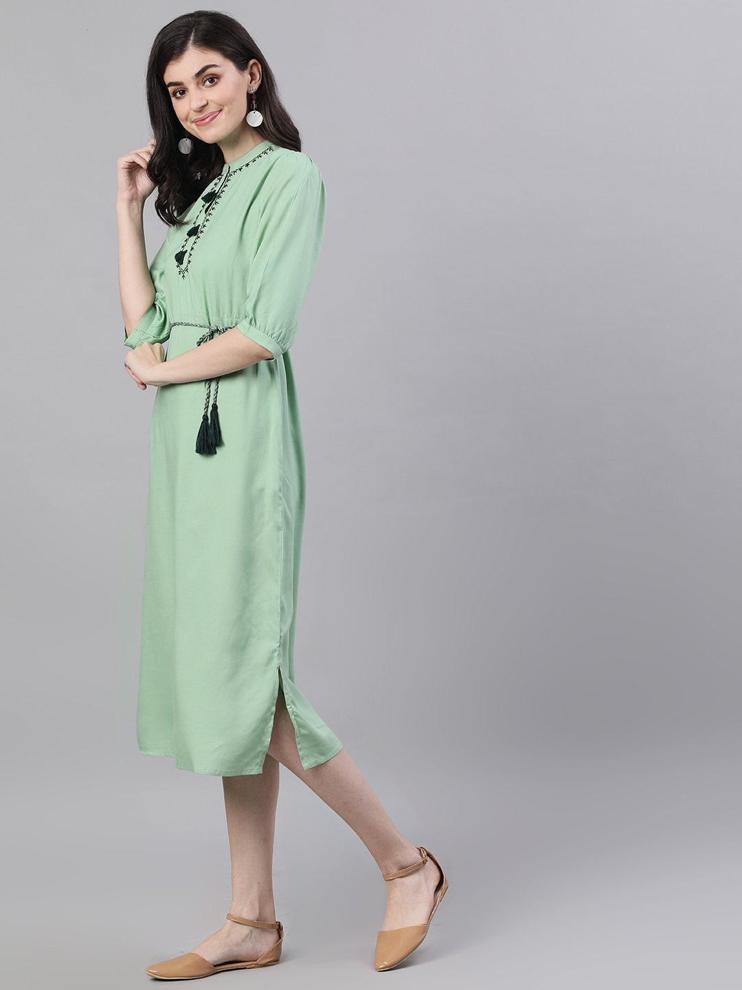 Women's Pastel Green Solid Solid Mandarin Collar Viscose Rayon Maxi Dress - Nayo Clothing